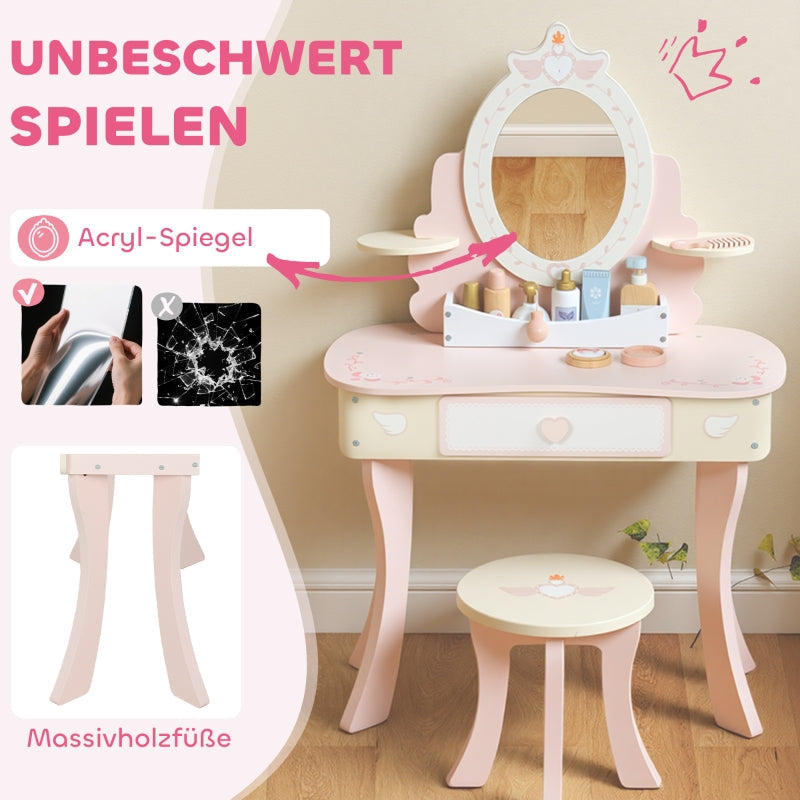Children's Vanity Desk Set 2-in-1 Chair Drawer Mirror MDF - Pink