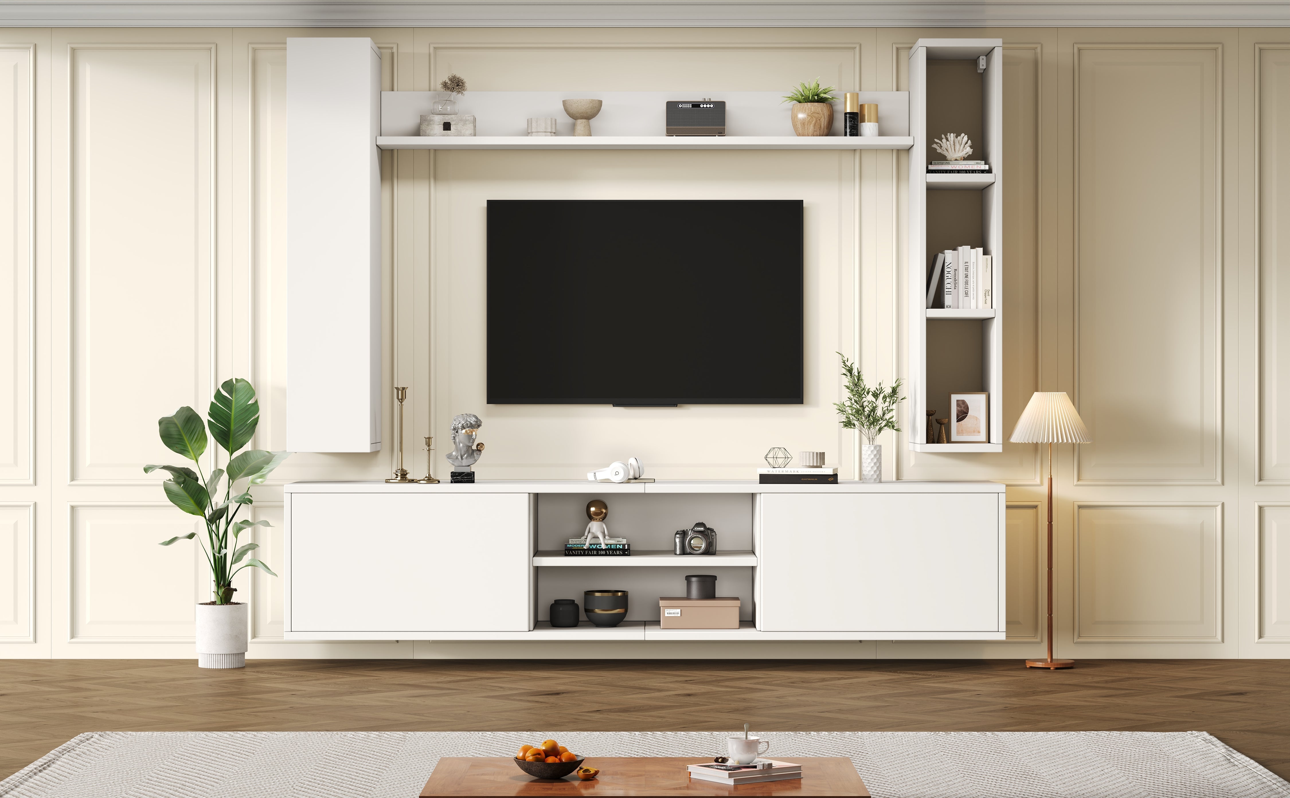 TV Wall Unit Set, 4-Piece Media with Display Cabinets, TV Board, Shelves, White