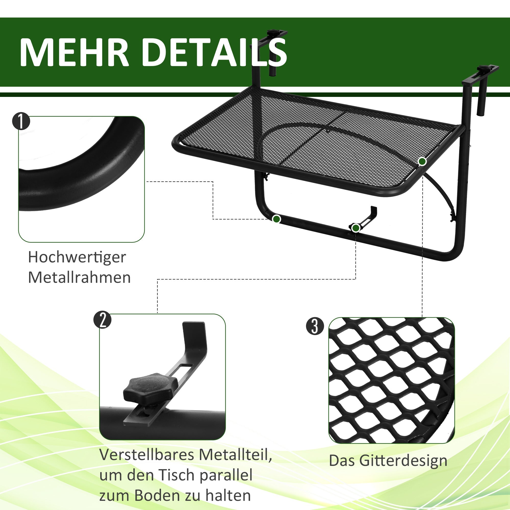 Balcony Hanging Table, Height-Adjustable Square 60x56.5x45cm, Black Metal