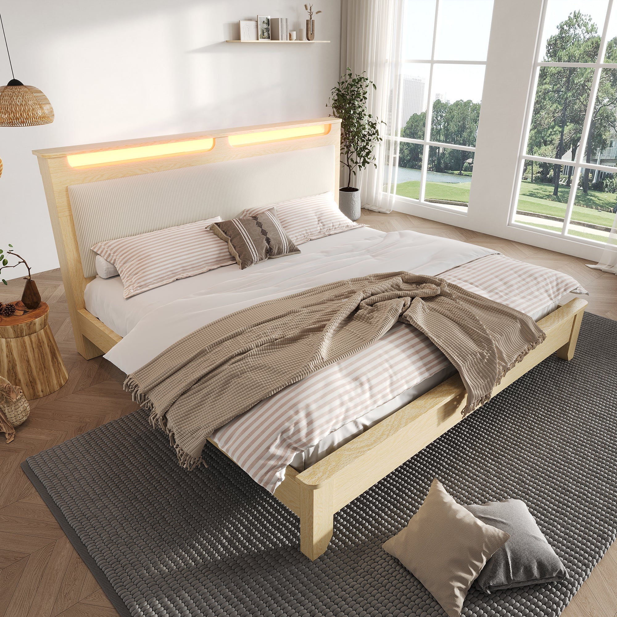 Double Wooden Bed, 160x200cm LED Headboard with Storage, Light Oak