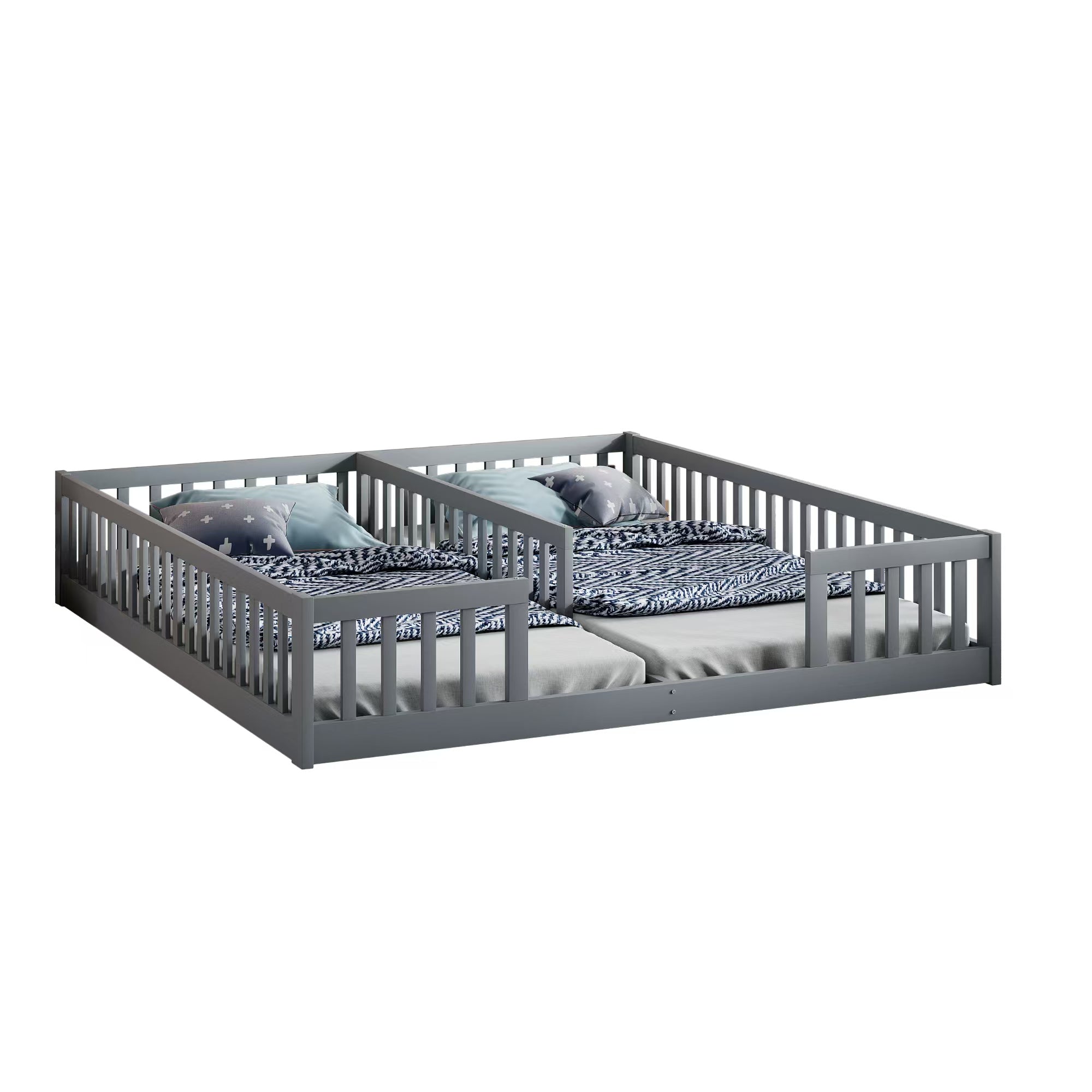 Panel Bed with Guardrails and Slatted Base, 90 x 200 cm, Grey Pine Wood