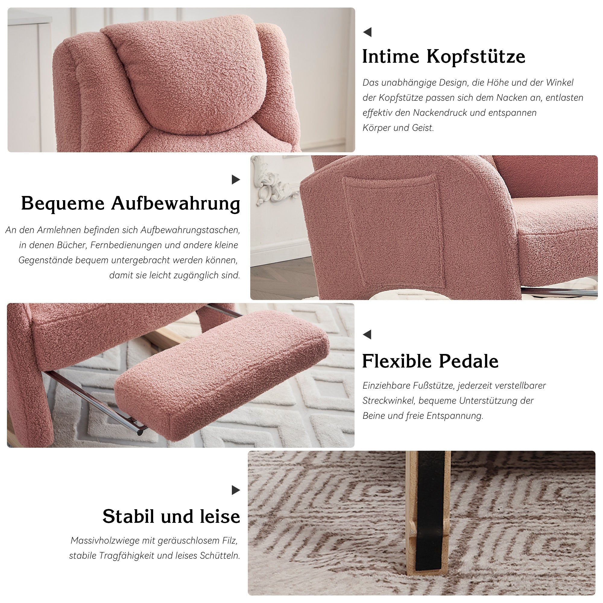 Rocking Chair, Upholstered with Armrest, Accent for Bedroom, Pink Teddy Fabric