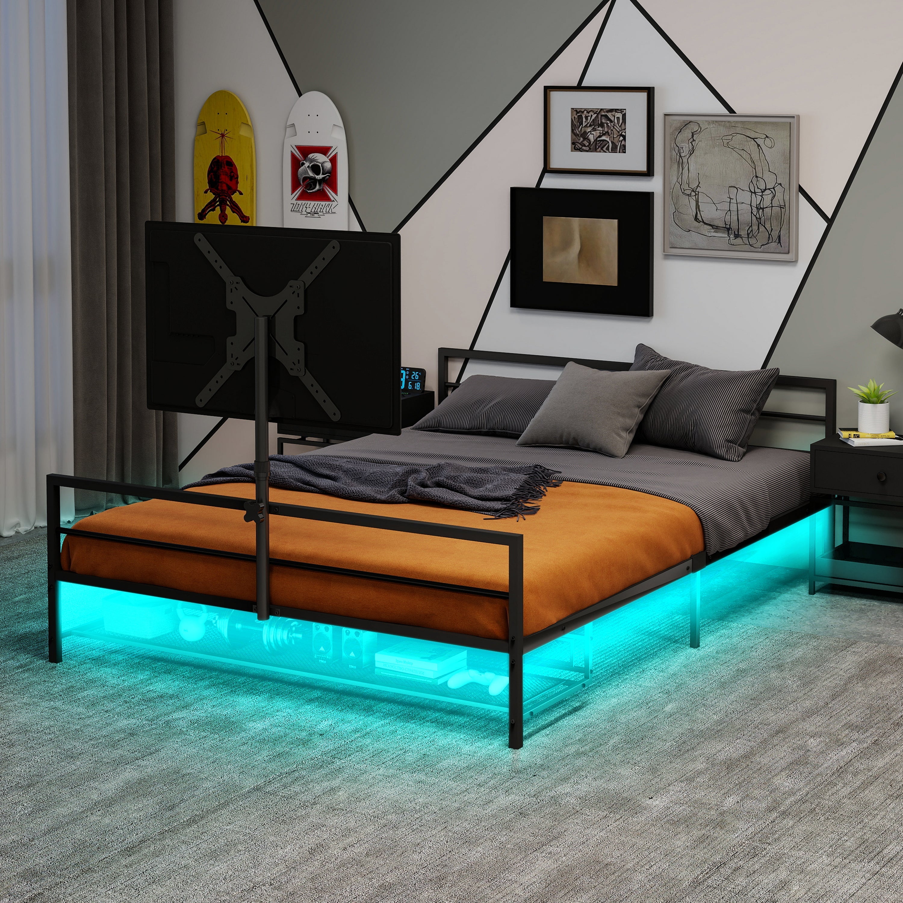 Gaming Bed: Adjustable Holder, LED Lights, Underbed Storage - Black Metal