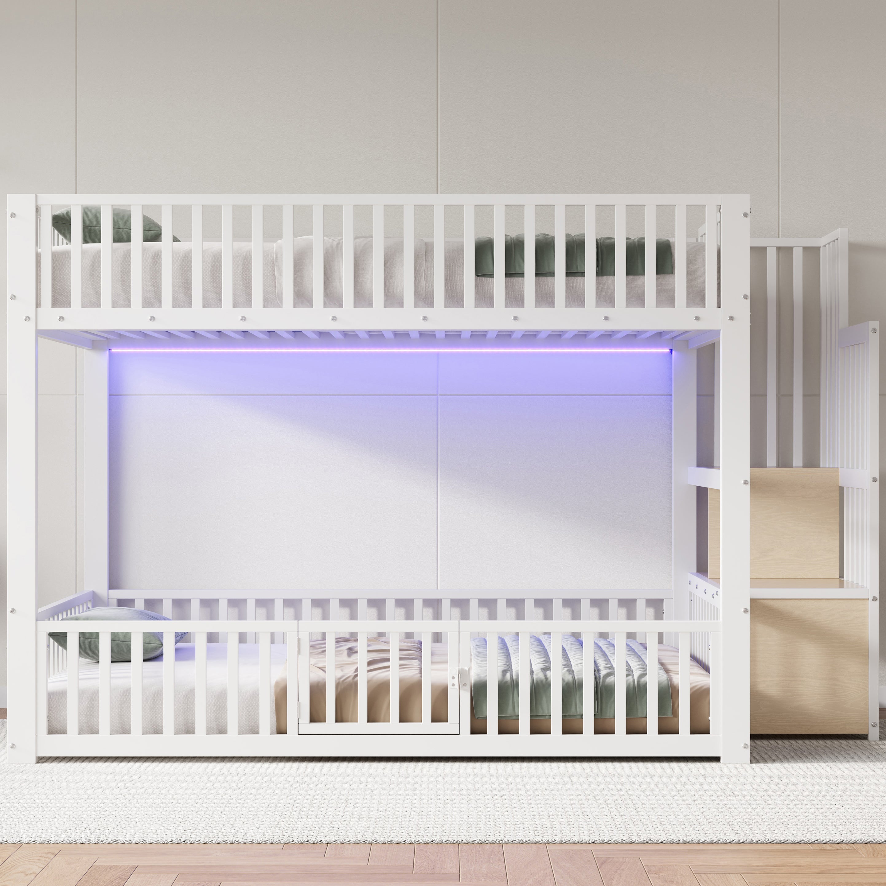Bunk Bed with Storage Ladder and LED, 140x200cm, White