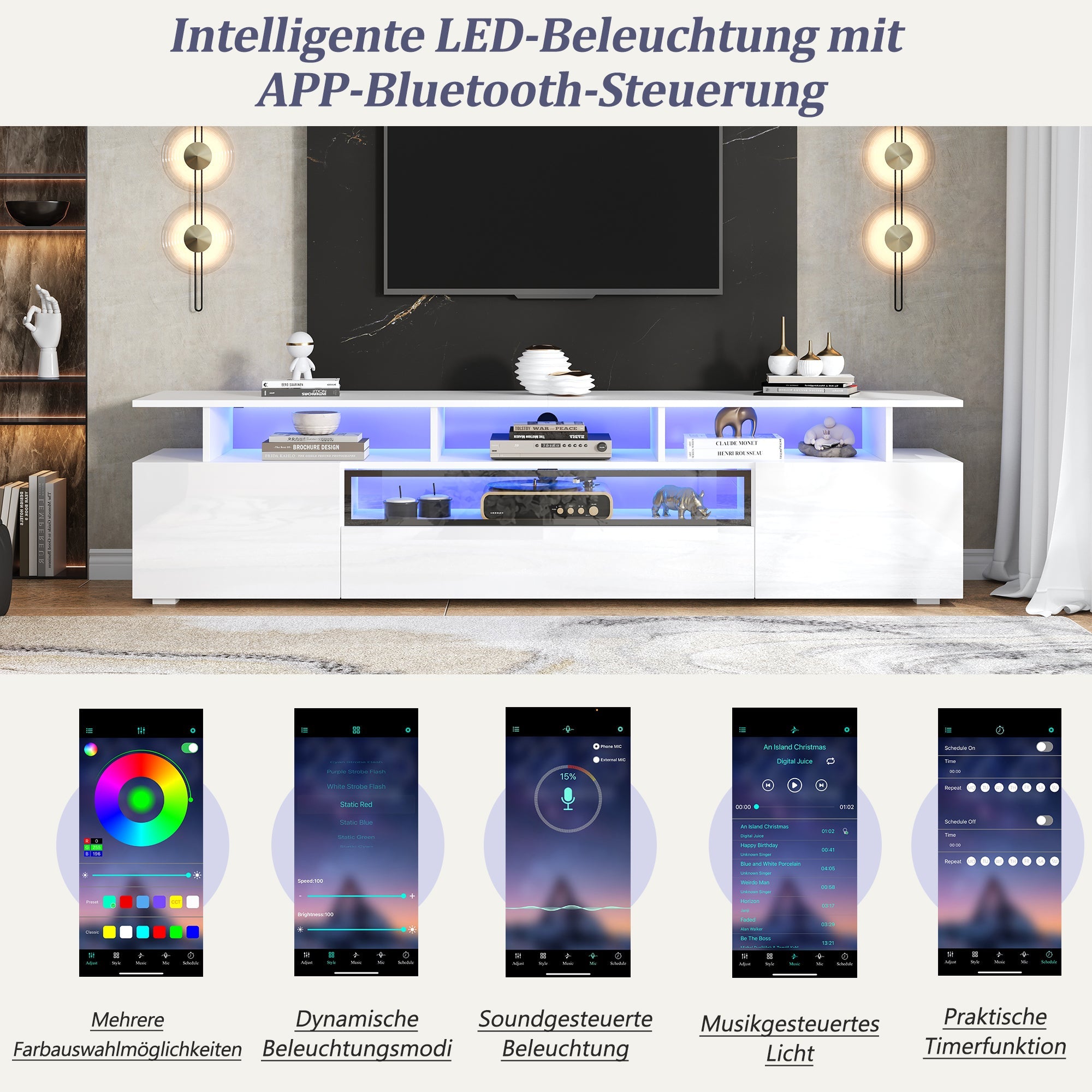 TV Cabinet, 180x38x45cm High-Gloss with 2 Cabinets, 1 Drawer, LED, for 75-inch TVs