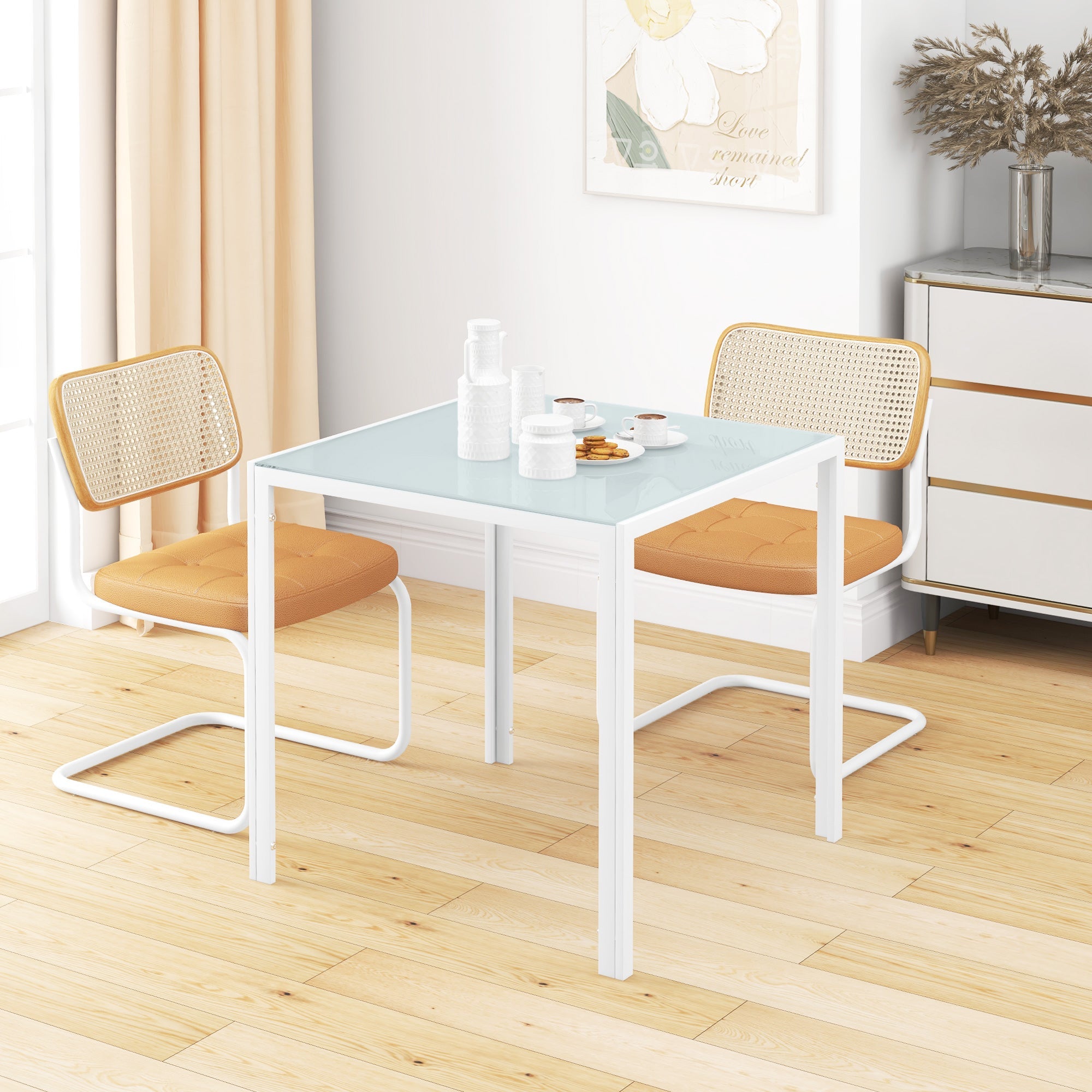 Square Dining Table 4 People Tempered Glass, White