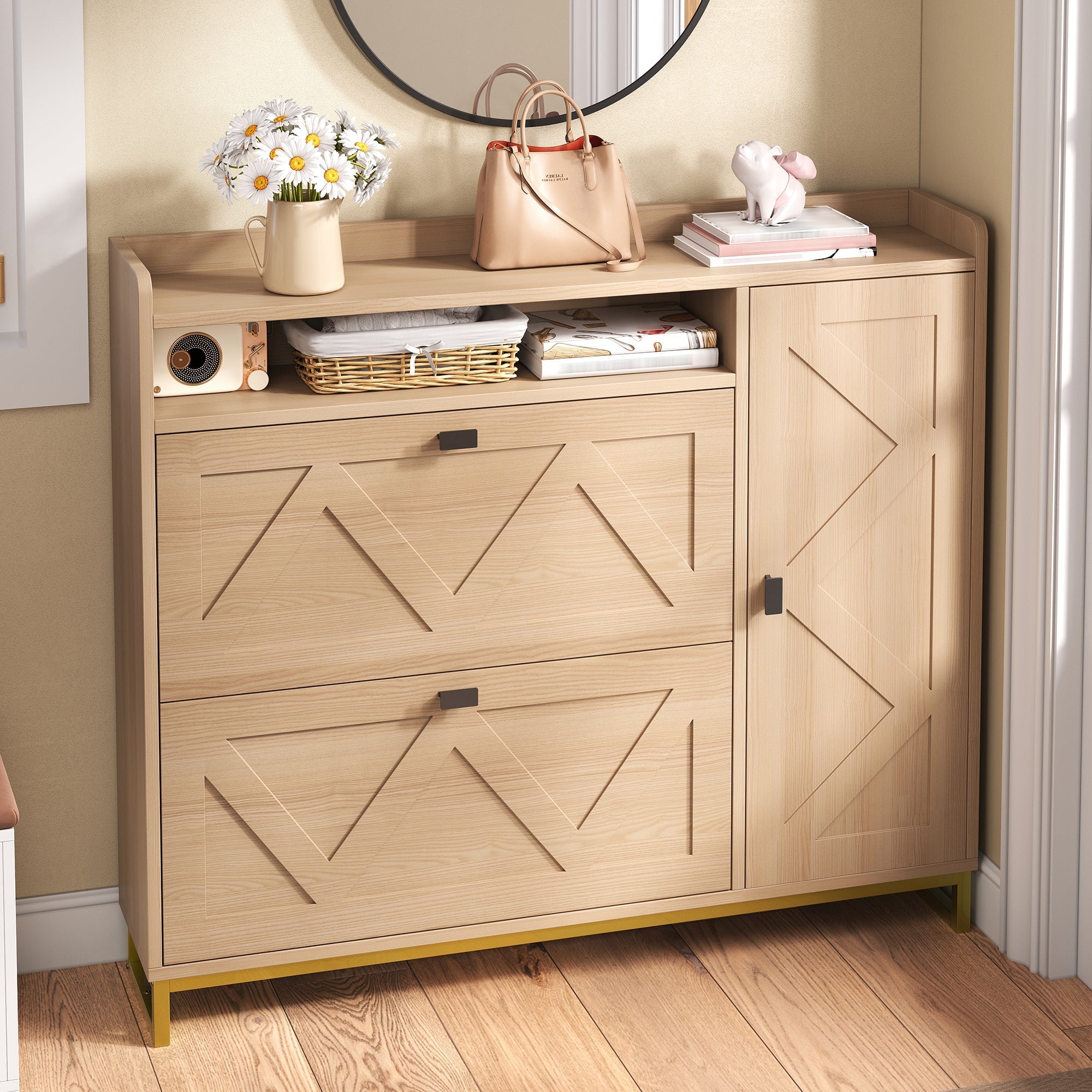 Shoe Cabinet with Double Hinged Lid, Side Cabinet and Geometric Doors, Metal Frame
