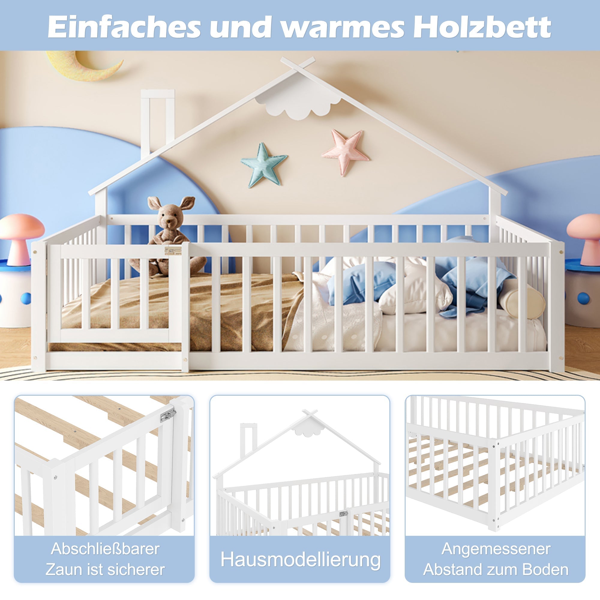 Children's Flatbed with House Rail and Locking Railing, 140x190 cm, White Pine Wood