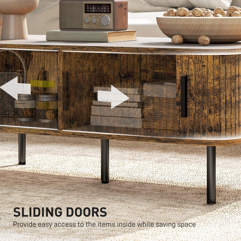 Coffee Table with Storage, Rectangular Slatted Sliding Doors, Rustic Brown