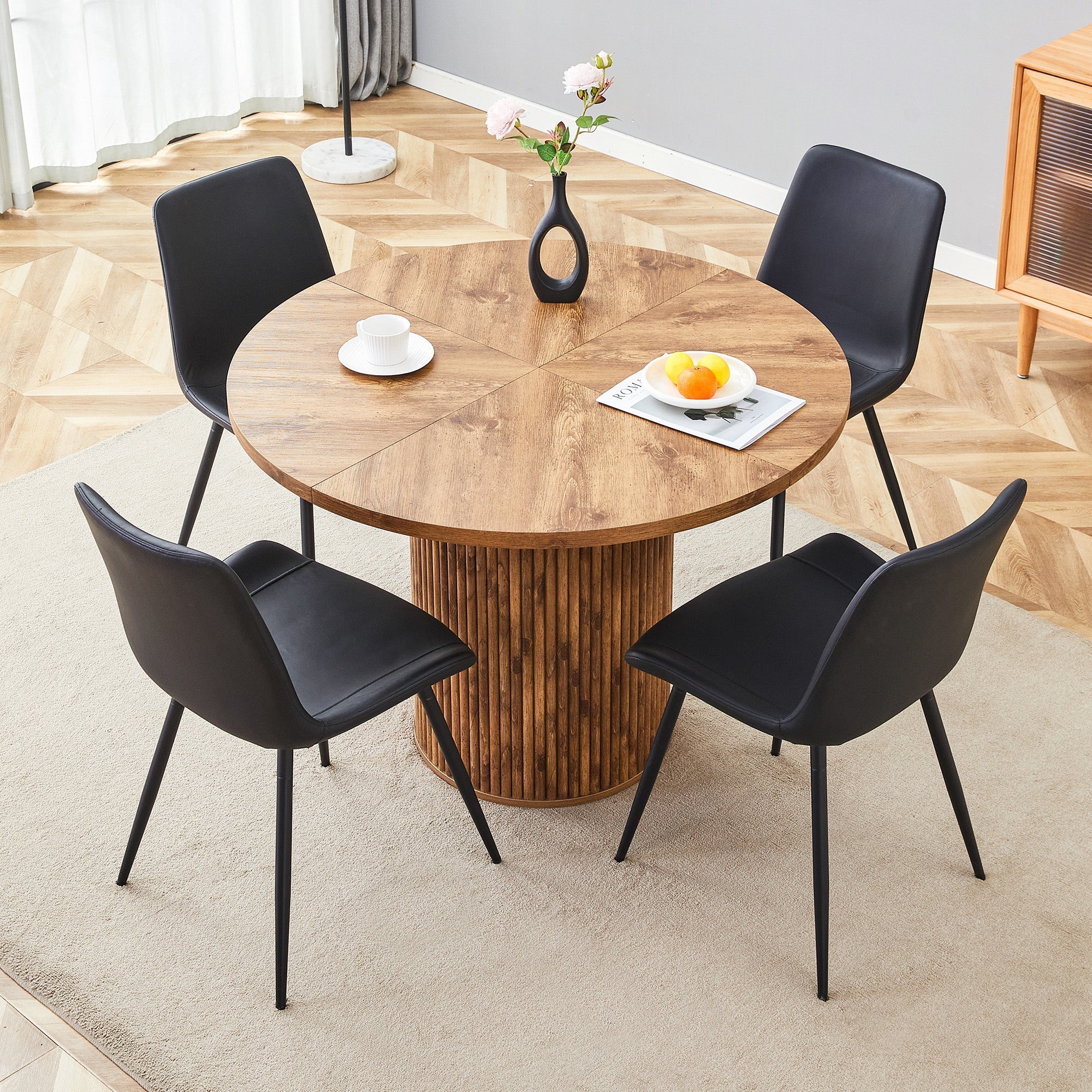 Round Dining Set 100cm Table 4 Faux Leather Chairs - Wood Look/Black