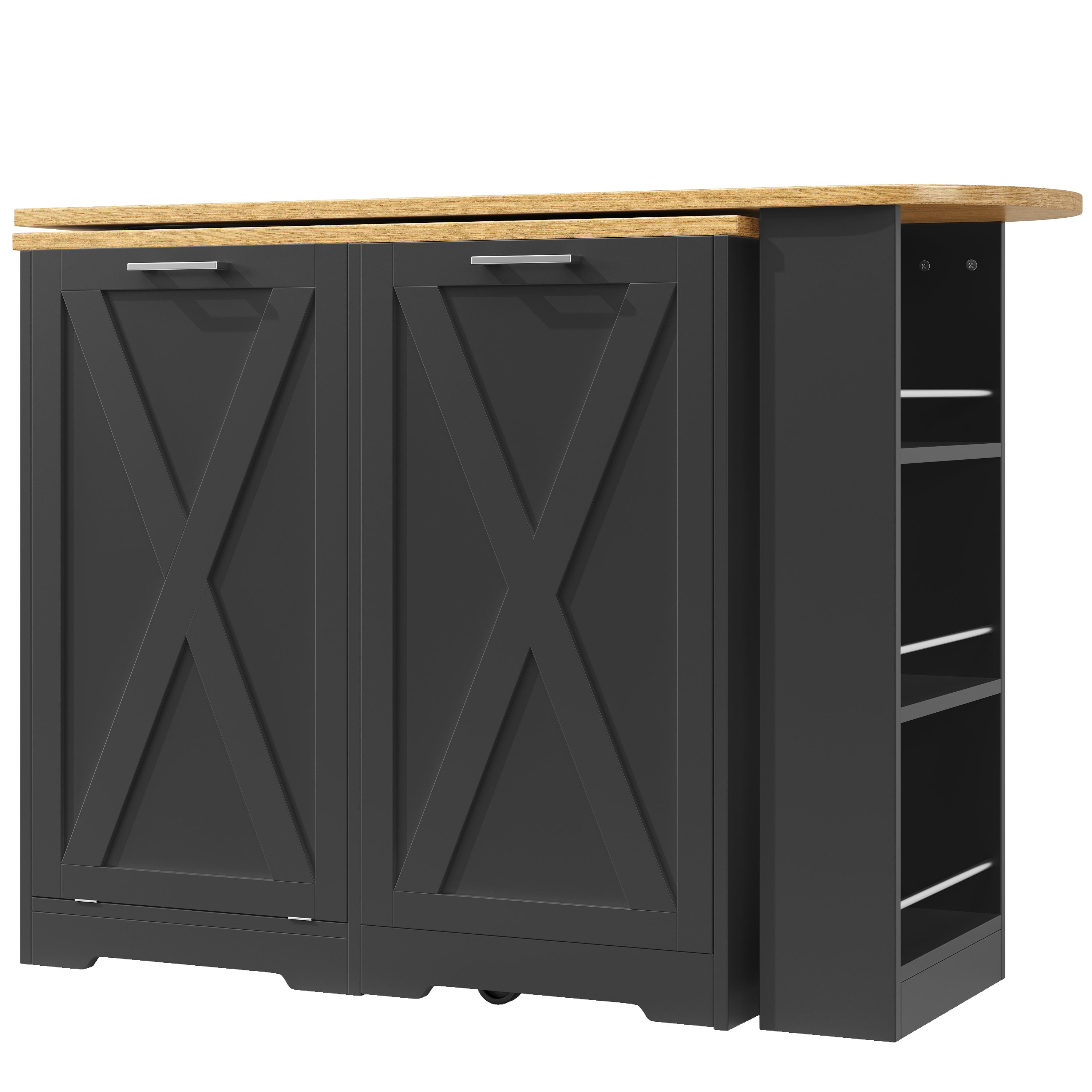 360° Rotating Breakfast Bar with Multifunctional Storage and Side Shelves, Black
