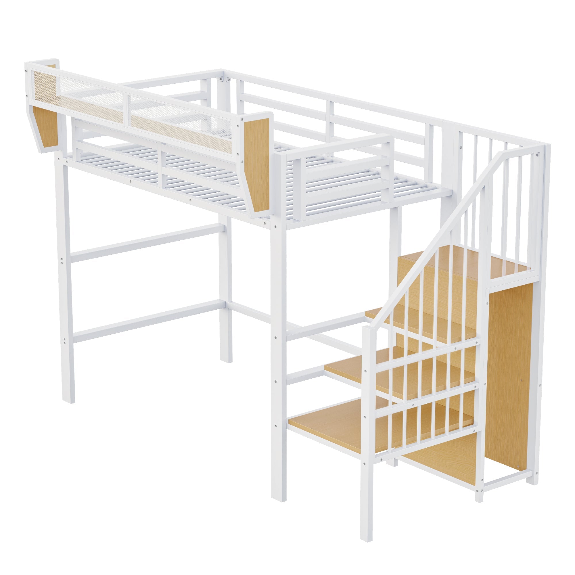 Loft Bed with Safety Ladder and Flexible Storage, 90x200cm, White Metal