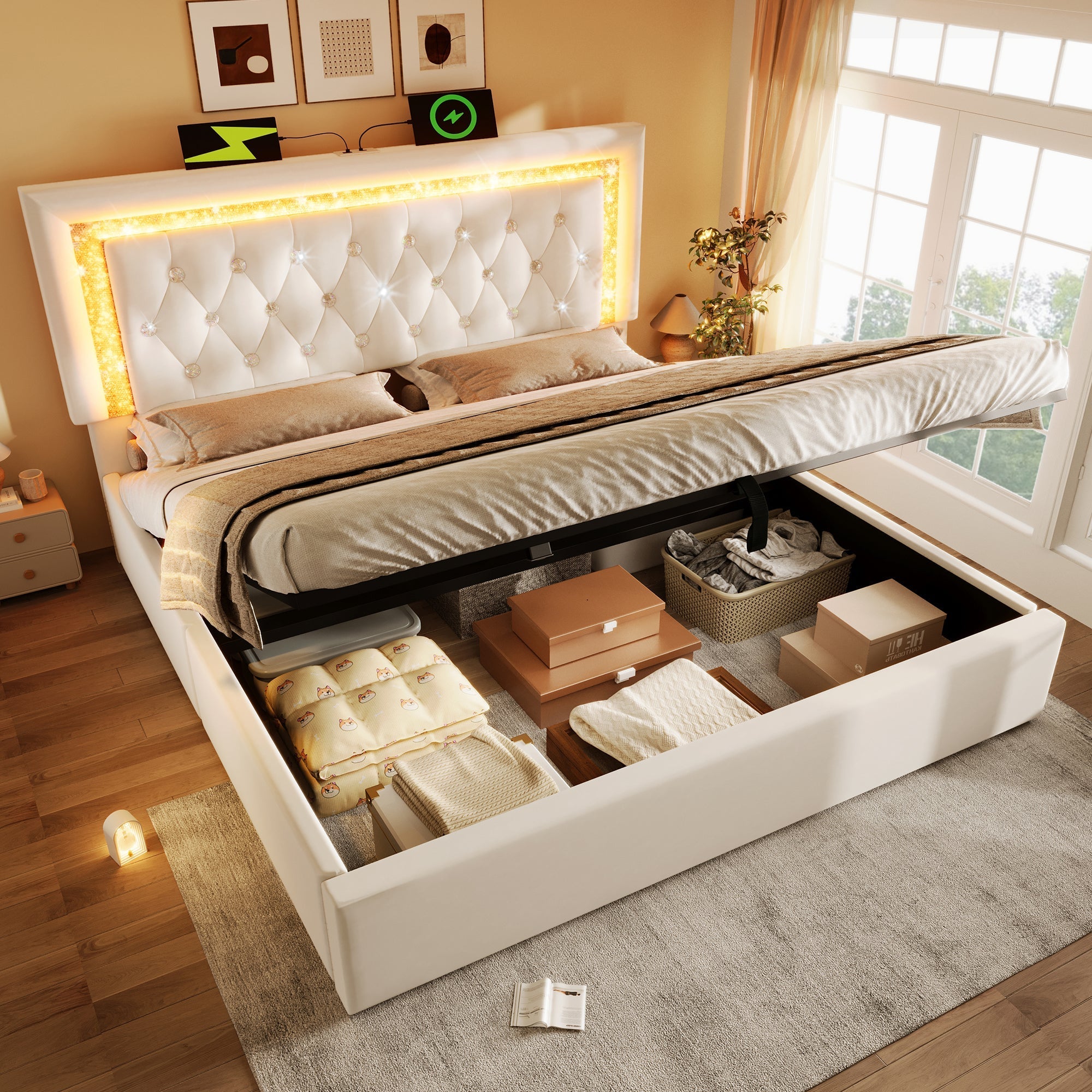Upholstered Bed 140x200 cm with LED Strip, USB Charging Station and Hydraulic Storage, Beige Velvet