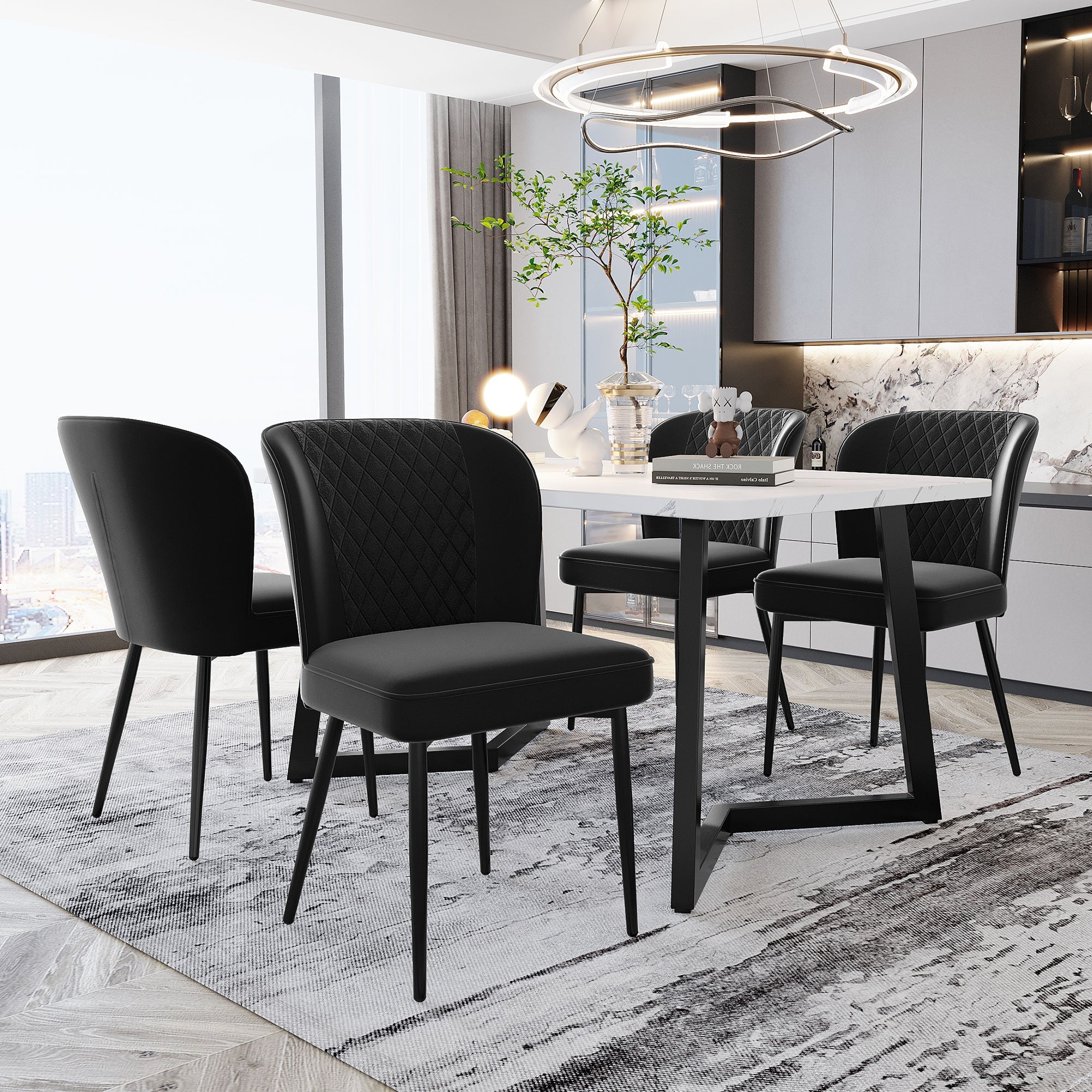 Velvet Dining Chair (4 Pcs) with Metal Legs, Upholstered, Black