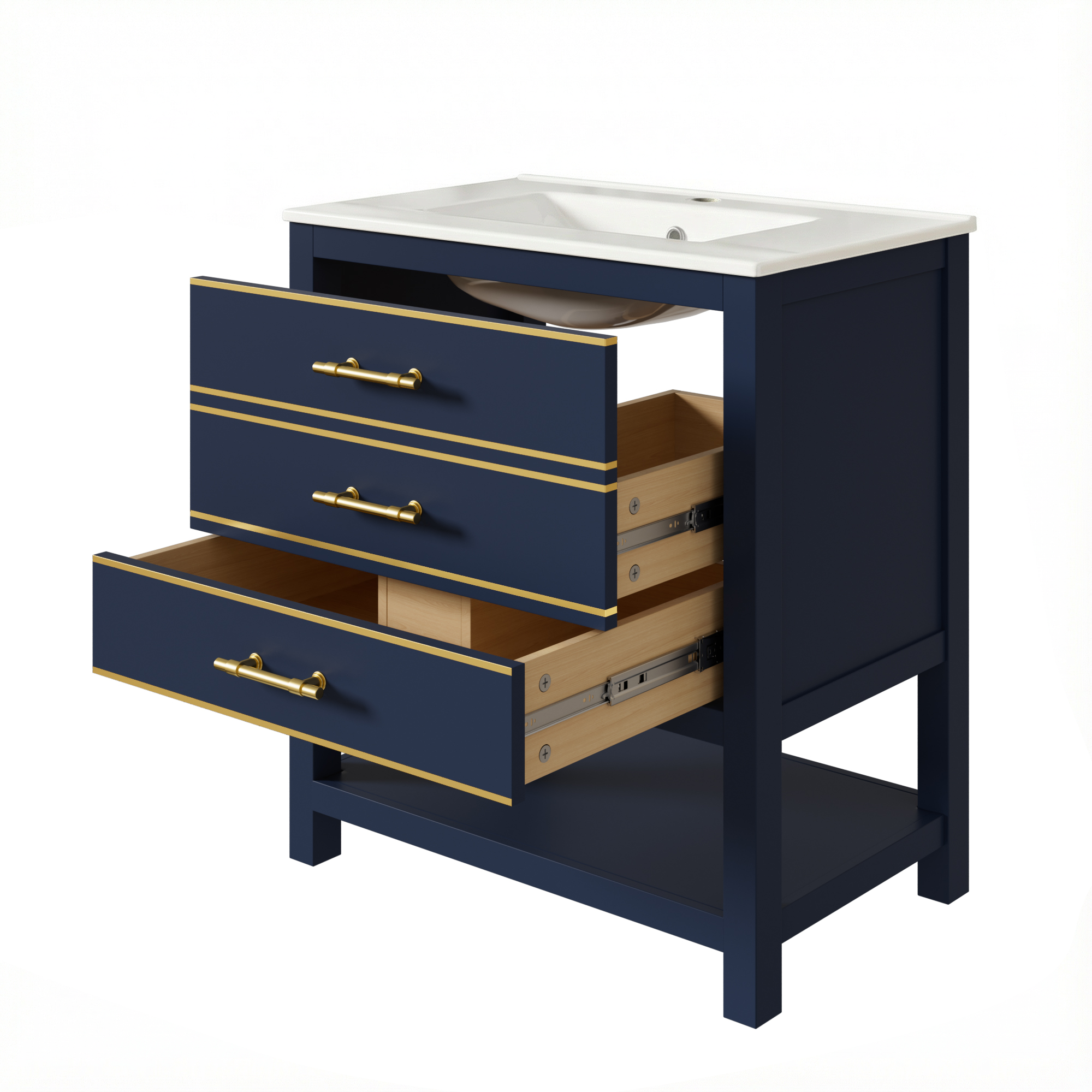 Bathroom Vanity Unit with Ceramic Sink and 2 Drawers, White and Gold