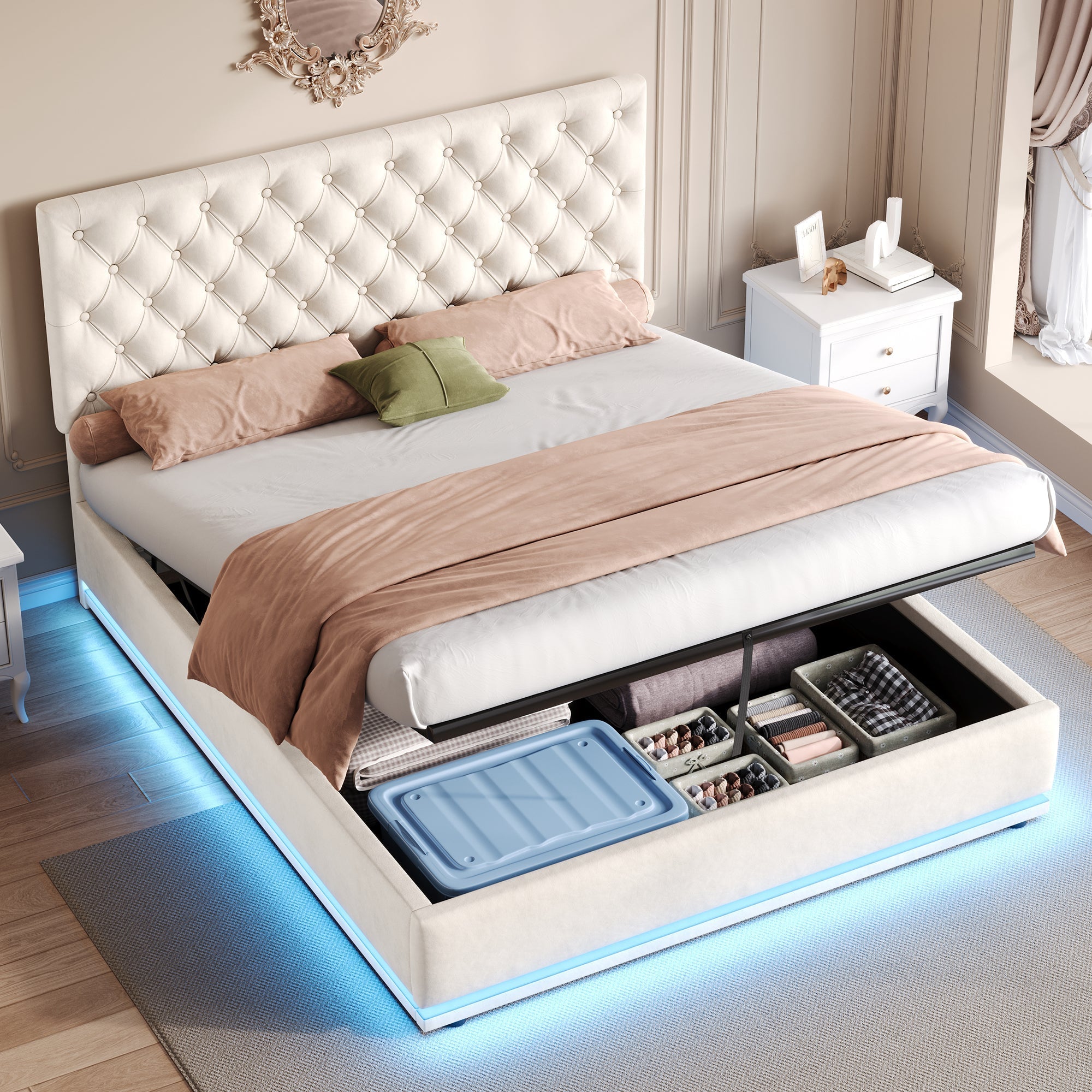 Double Ottoman Bed with LED, Hydraulic Storage, Adjustable Headboard, Velvet Beige