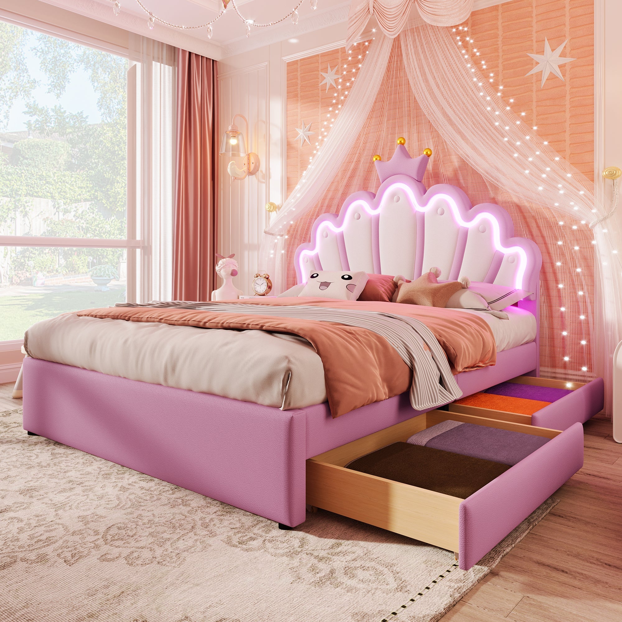 Princess Upholstered Bed 140x200cm Crown Shape LED 2 Drawers - PU Pink