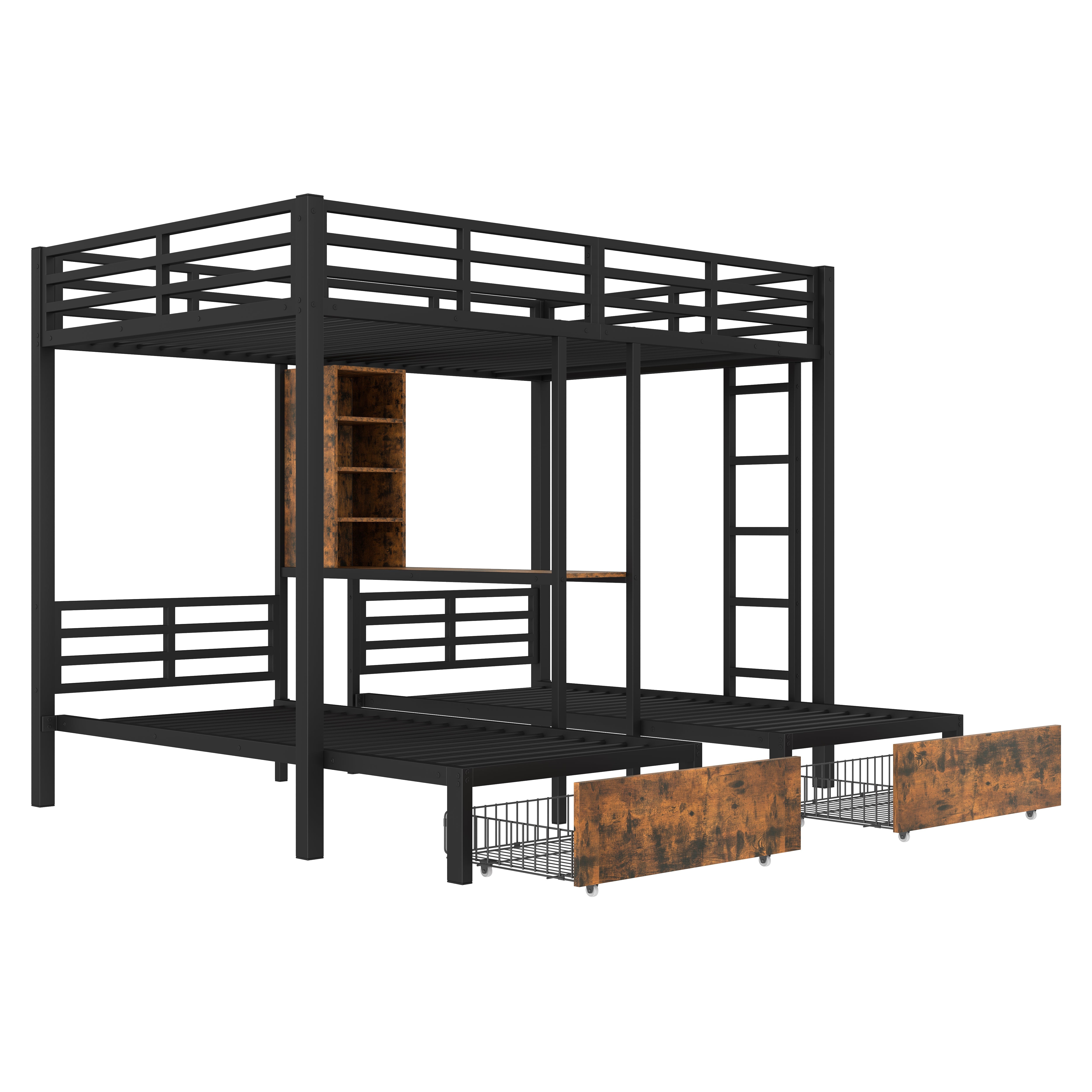 Bunk Bed Triple Sleeper 140x200/90x200cm with Storage Drawers and Shelves Black