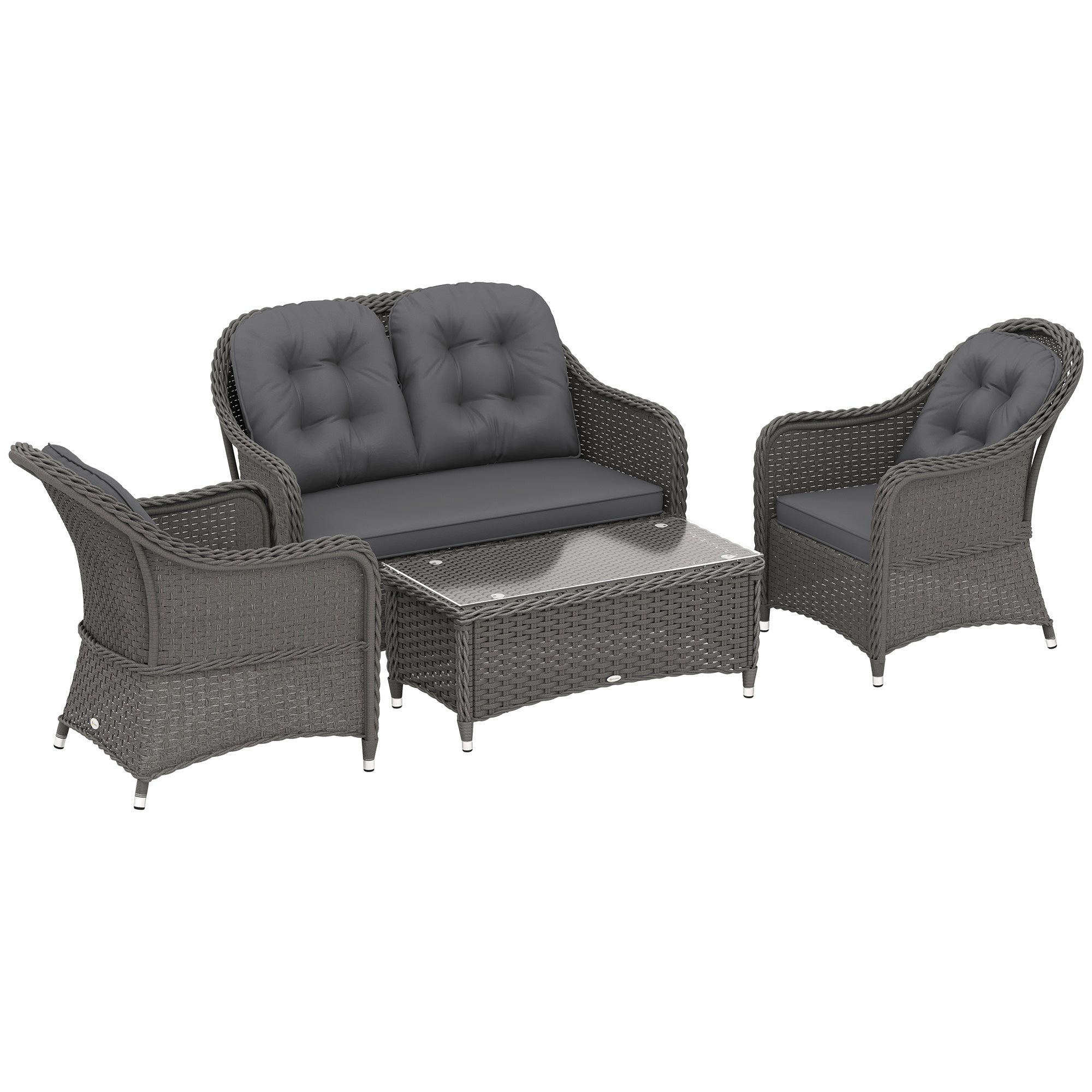 Four-Piece Sofa Set, Rattan with Glass-Top Table, Light Grey