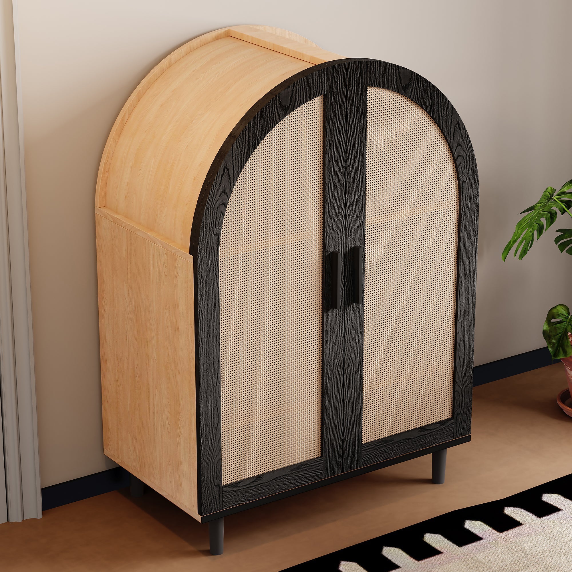 Elegant Sideboard/Shoe Cabinet, Rounded Exterior, Rattan Doors, 3 Shelves