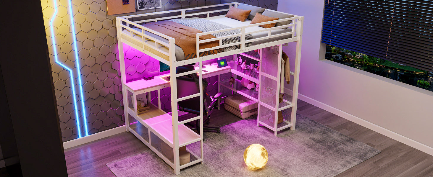 Metal Loft Bed with Wardrobe, USB Port and LED Lighting, White
