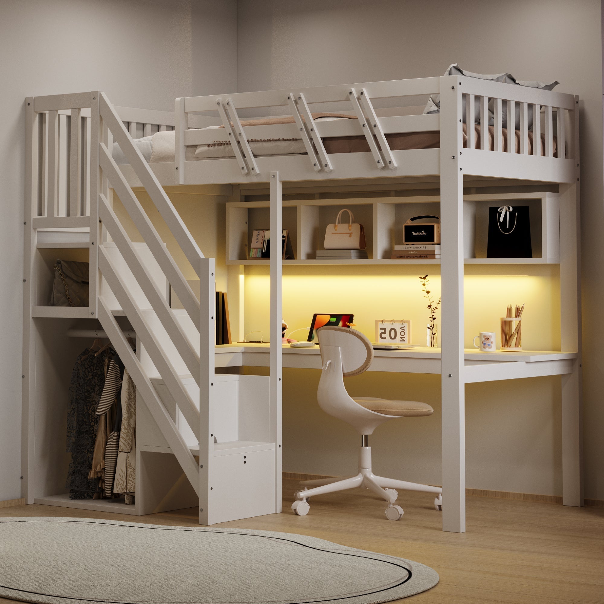 Solid Wood Loft Bed 90x200cm with Stairs Storage Cabinet Desk USB LED - White
