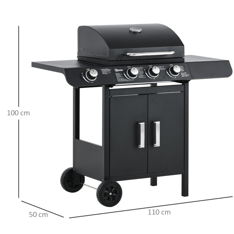 Gas Grill BBQ Cart, Multifunctional with 3 Burners and 1 Side Burner, Steel Black