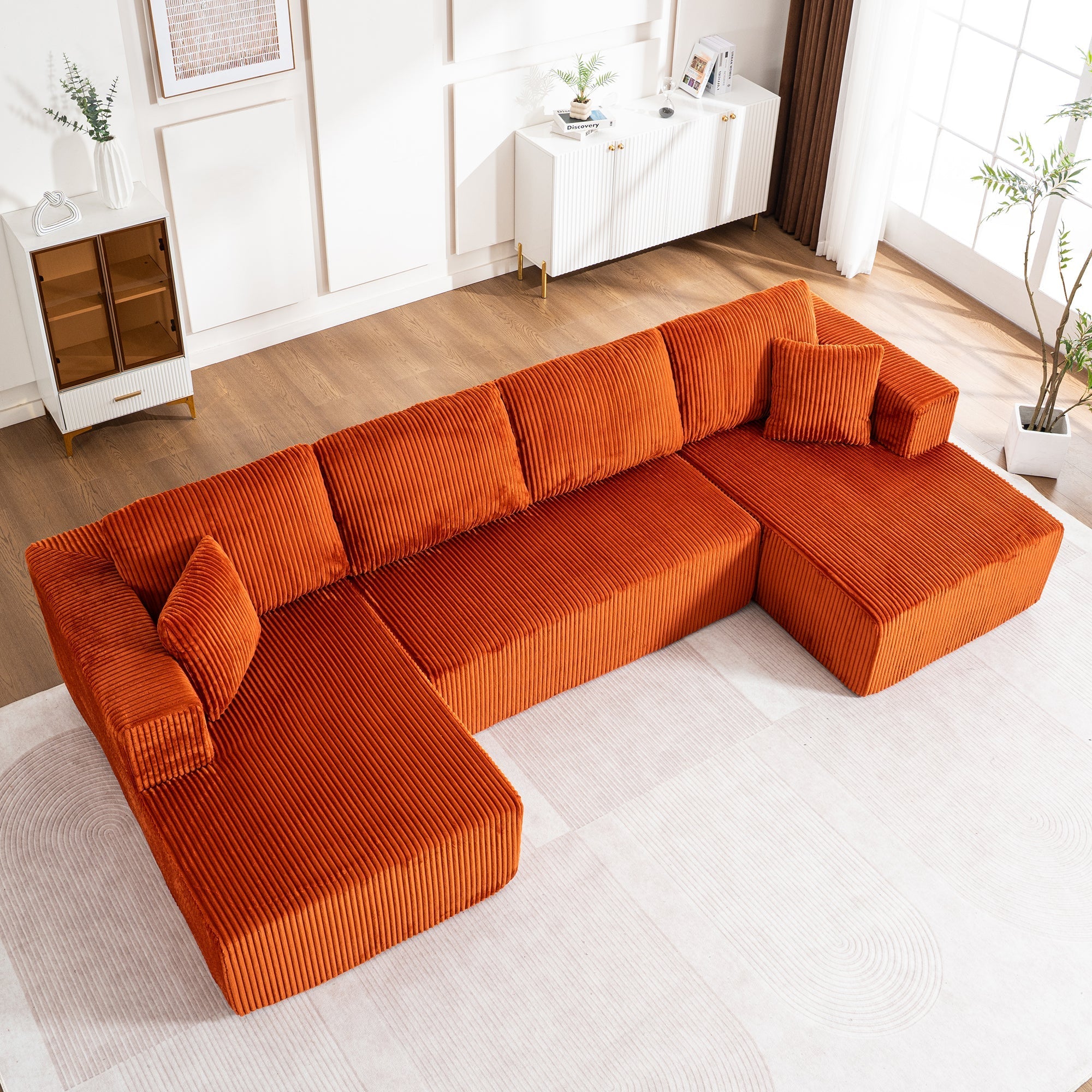 Modern U-Type Leisure Sofa with Modular Non-Assemblable Design and Lounge Chairs, Lamp Fabric