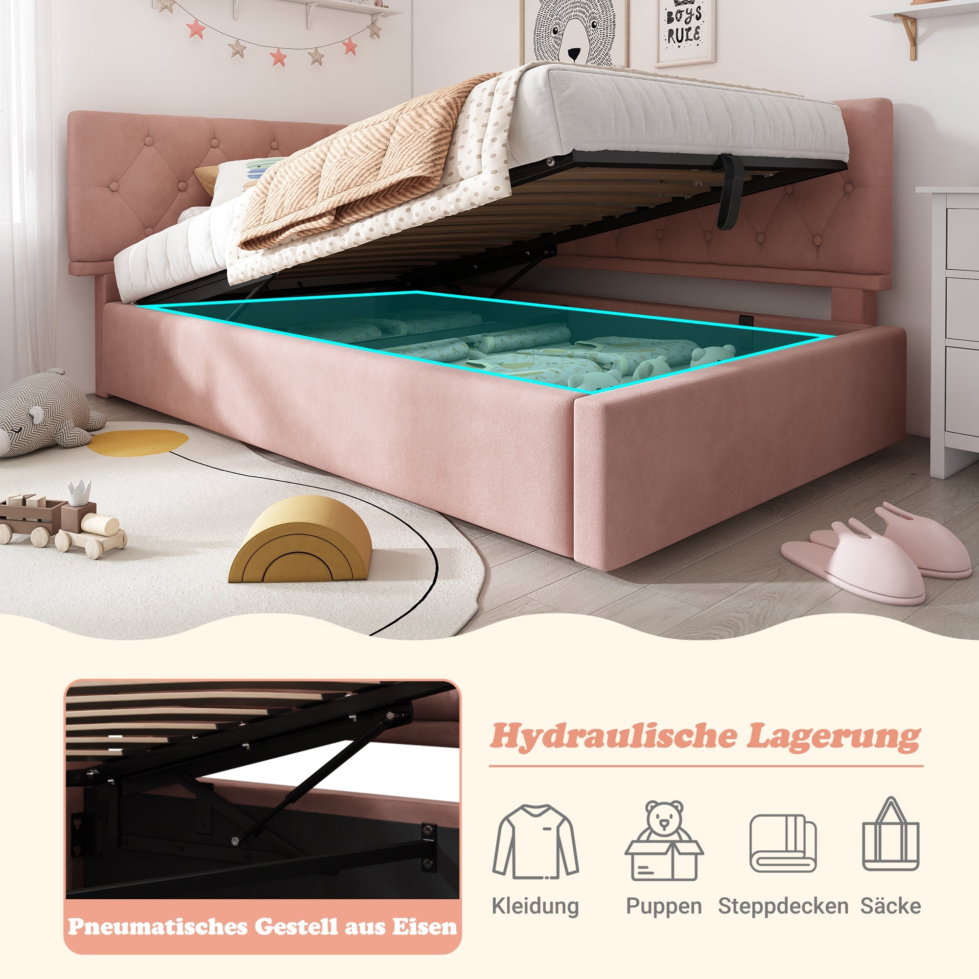 Upholstered Daybed, 90x190cm Sofa Bed with Hydraulic Storage, Velvet Pink