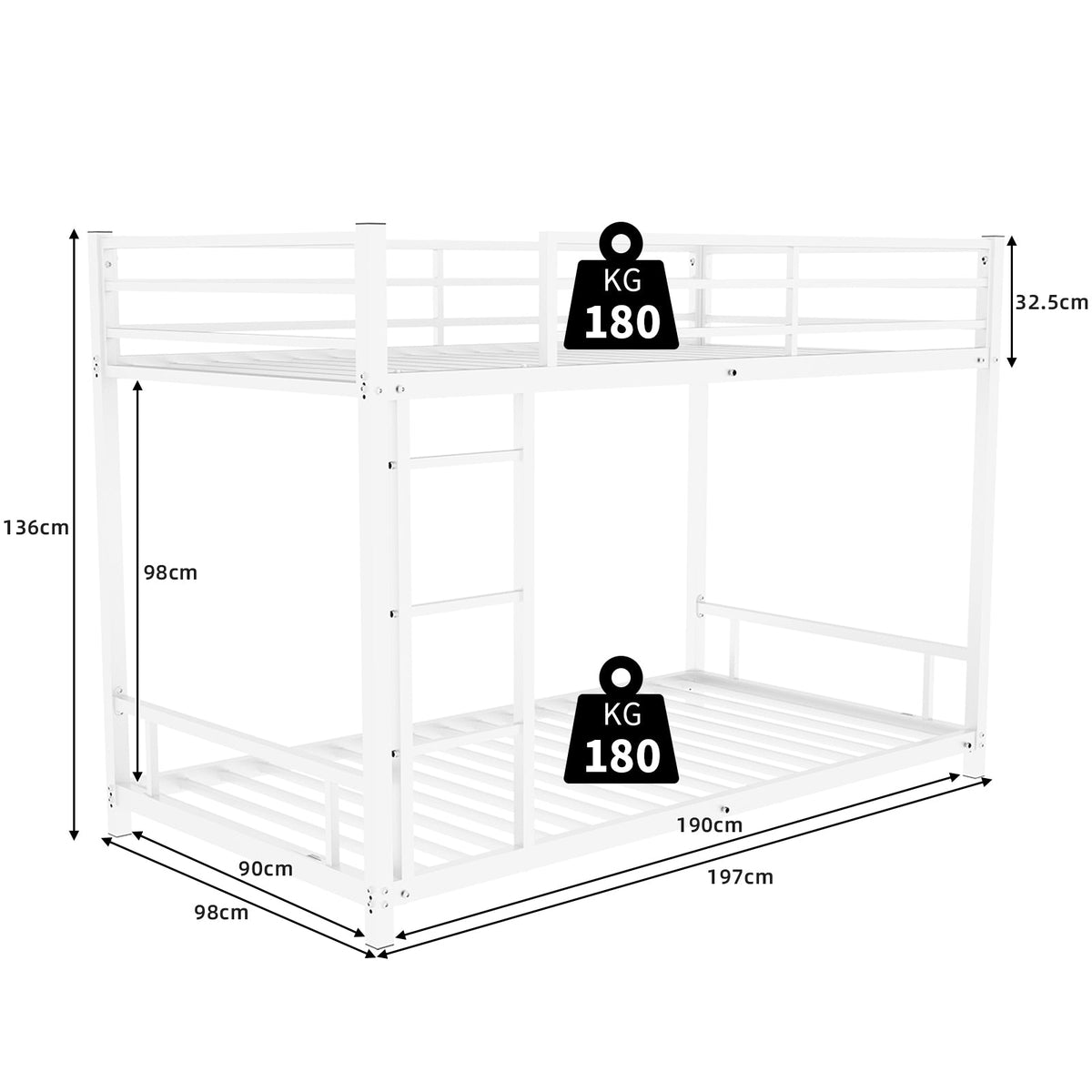 Metal Bunk Bed Twin Single Heavy Stable Low Noise Safety Railing, Metal