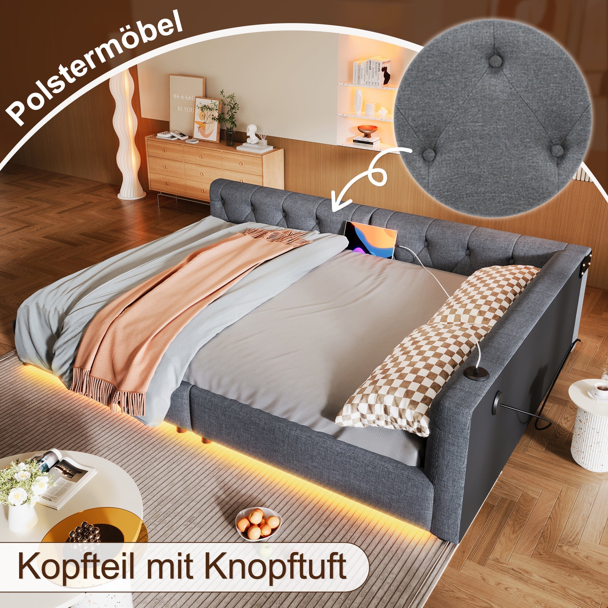 Daybed Sofa Bed 140x200cm LED USB/Type-C Button Tufted - Linen Grey