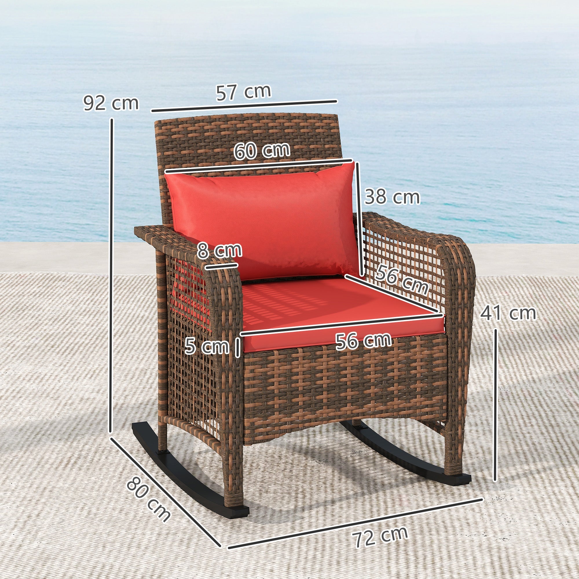 Rattan Rocking Chair Outdoor with Curved Base & Steel Frame, Red