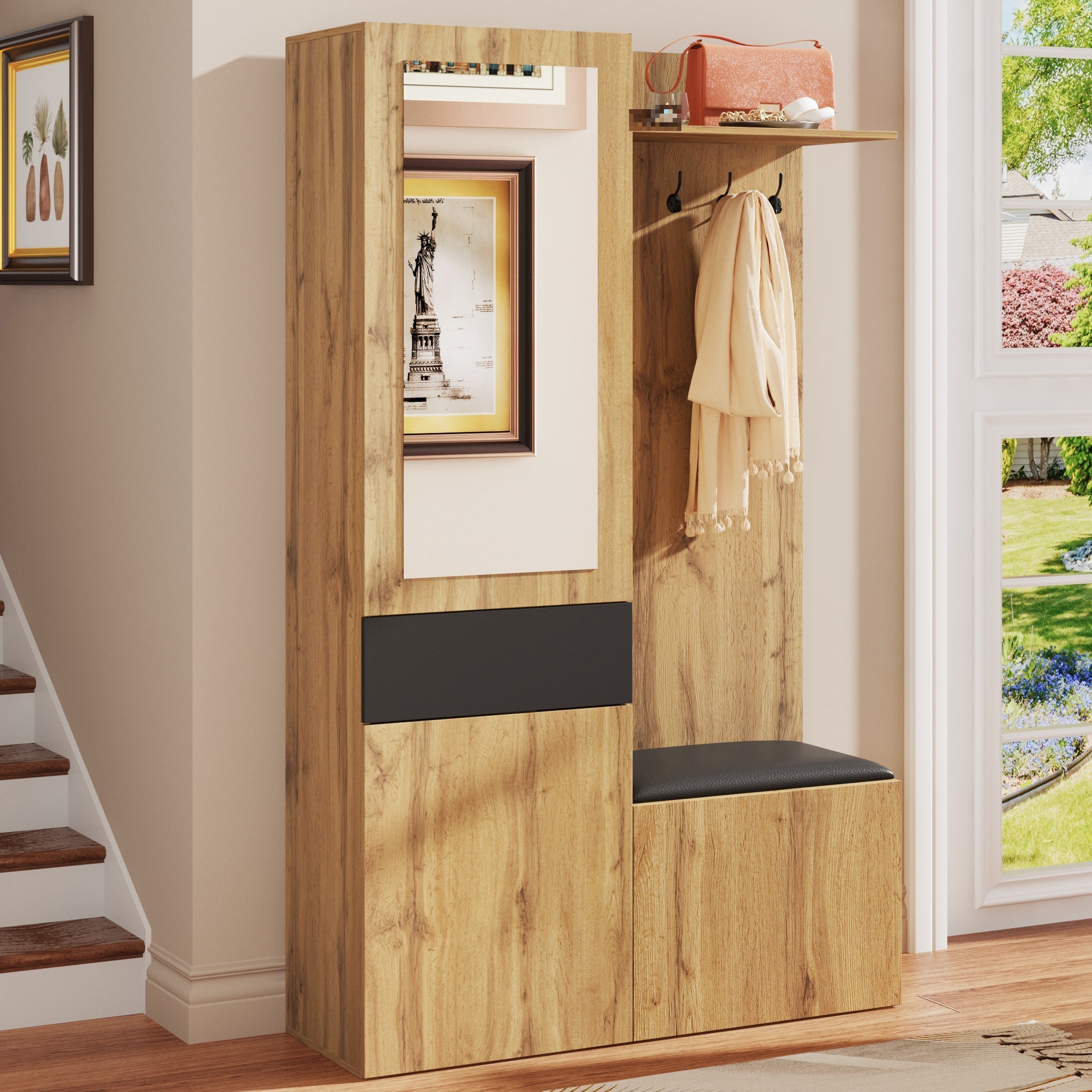 Wardrobe Set: 5 Hooks, Mirror, Shoe Cabinet, Built-in Storage, Hallway Bench.