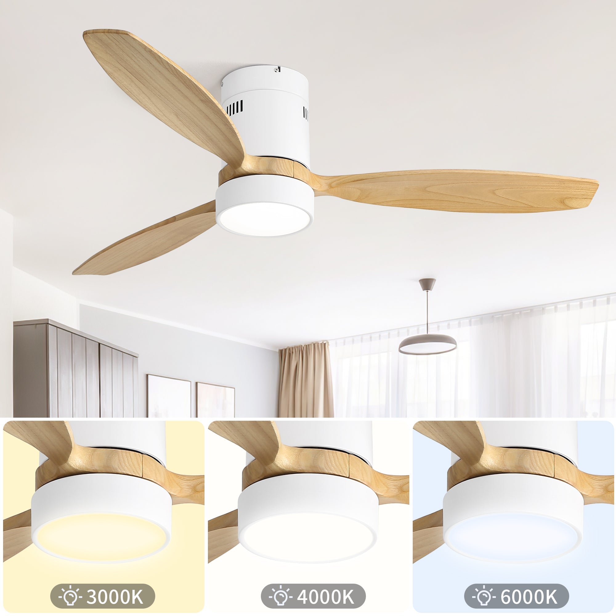 Ceiling Fan 52-inch Silent Reversible Motor Remote Control Light Solid Wood