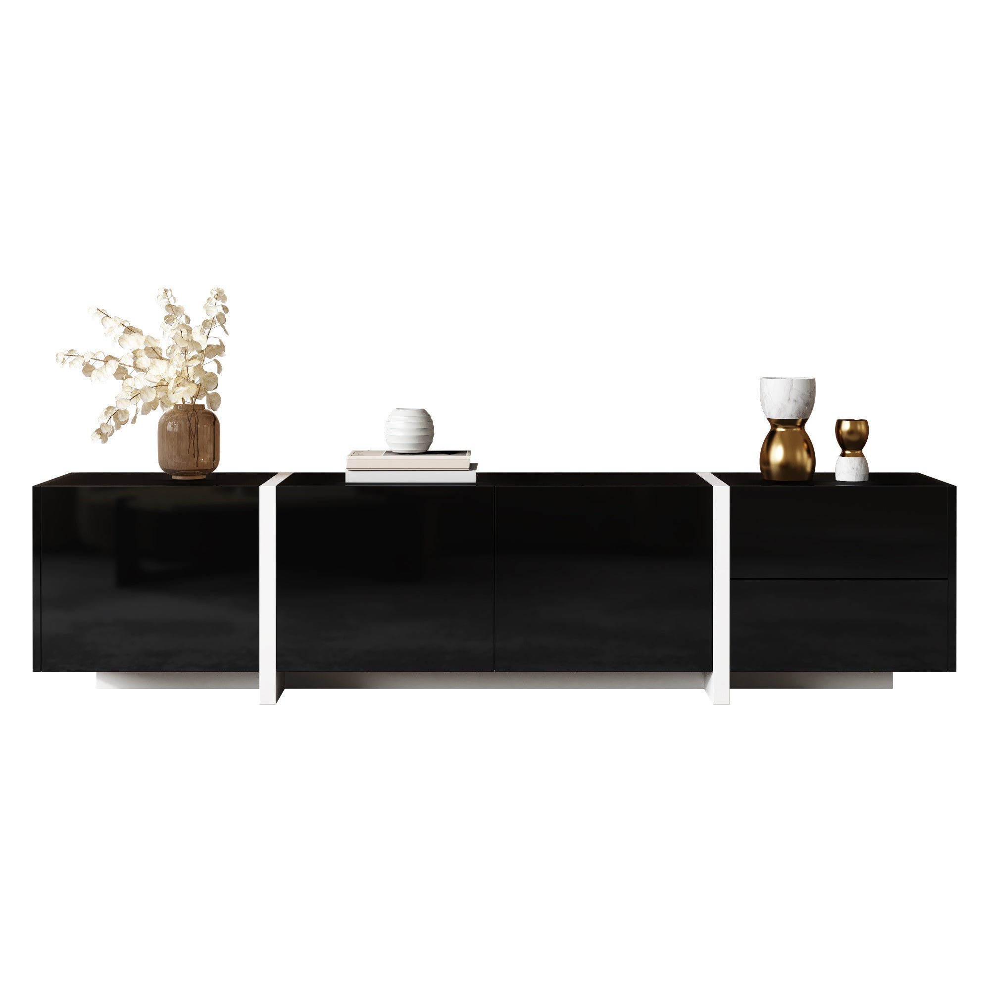 TV Cabinet, High-Gloss with Doors & Drawers, Black & White