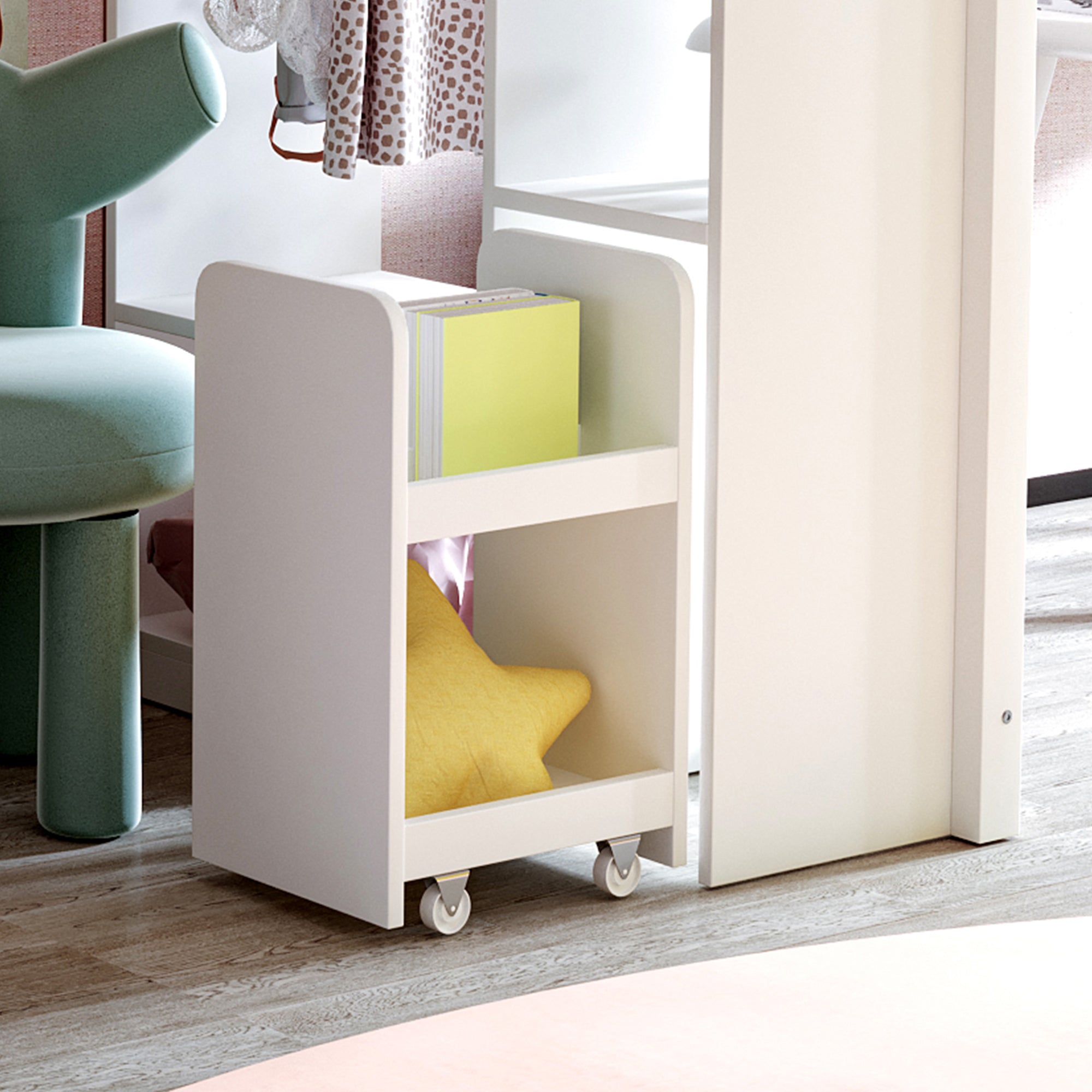 Children's Loft Bed, Multi-Level Shelves, Hangers, Storage, Removable Trolley, 90 x 200 cm, White