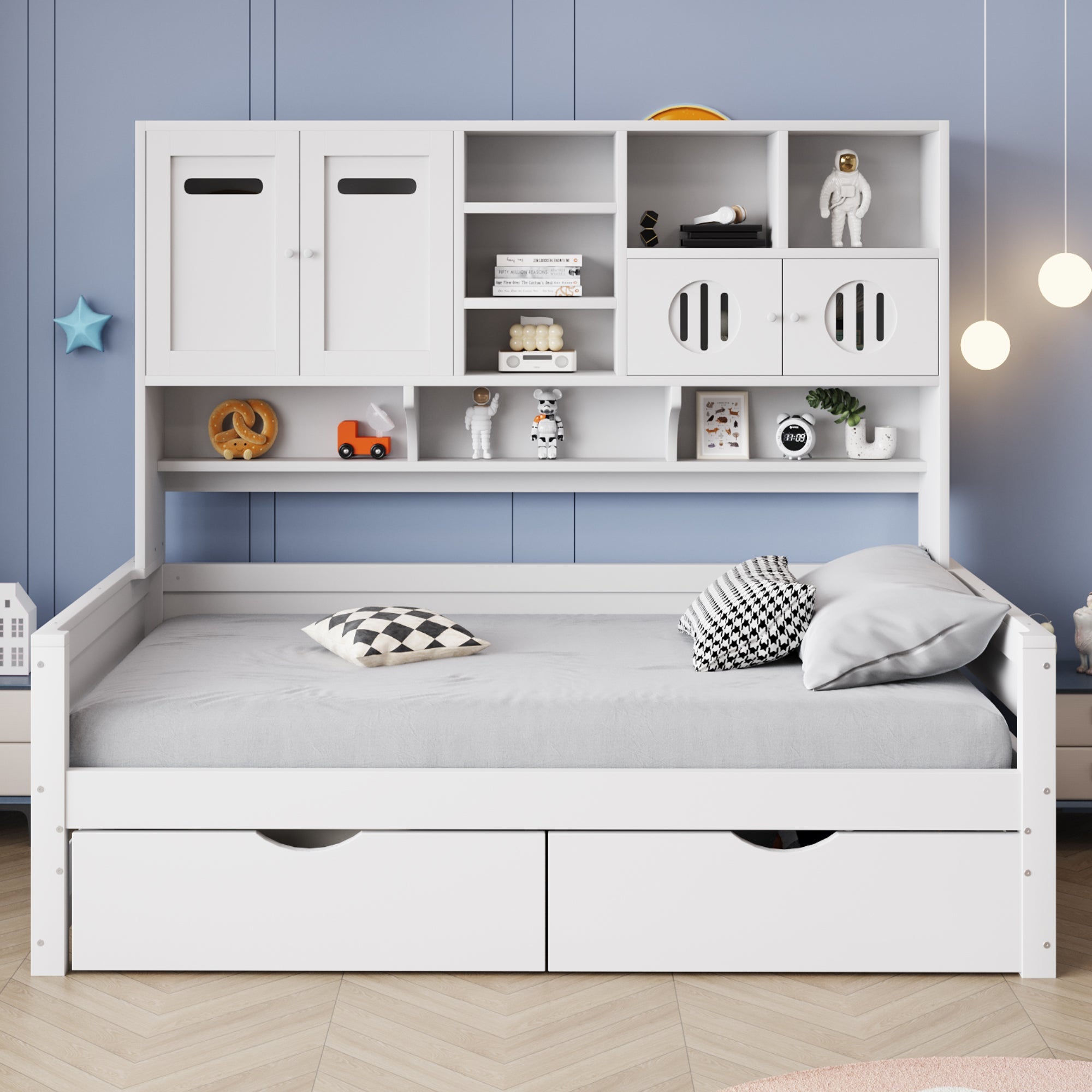 Wooden Sofa Bed, 90x200cm Multifunctional with Large Drawer & Slatted Frame, White