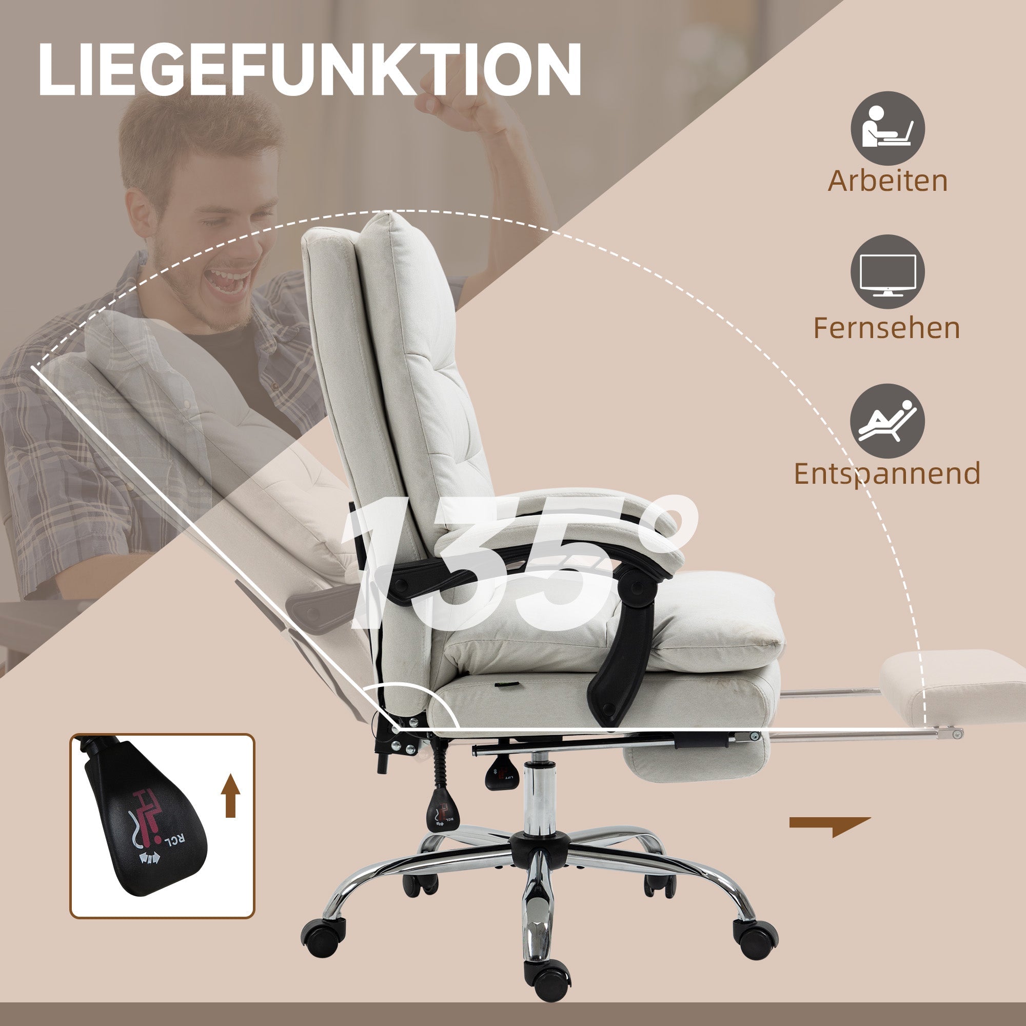 Vinsetto Office Chair, Massage, 135° Tilt, Height Adjustable, 120 kg Load, Artificial Leather, Cream White