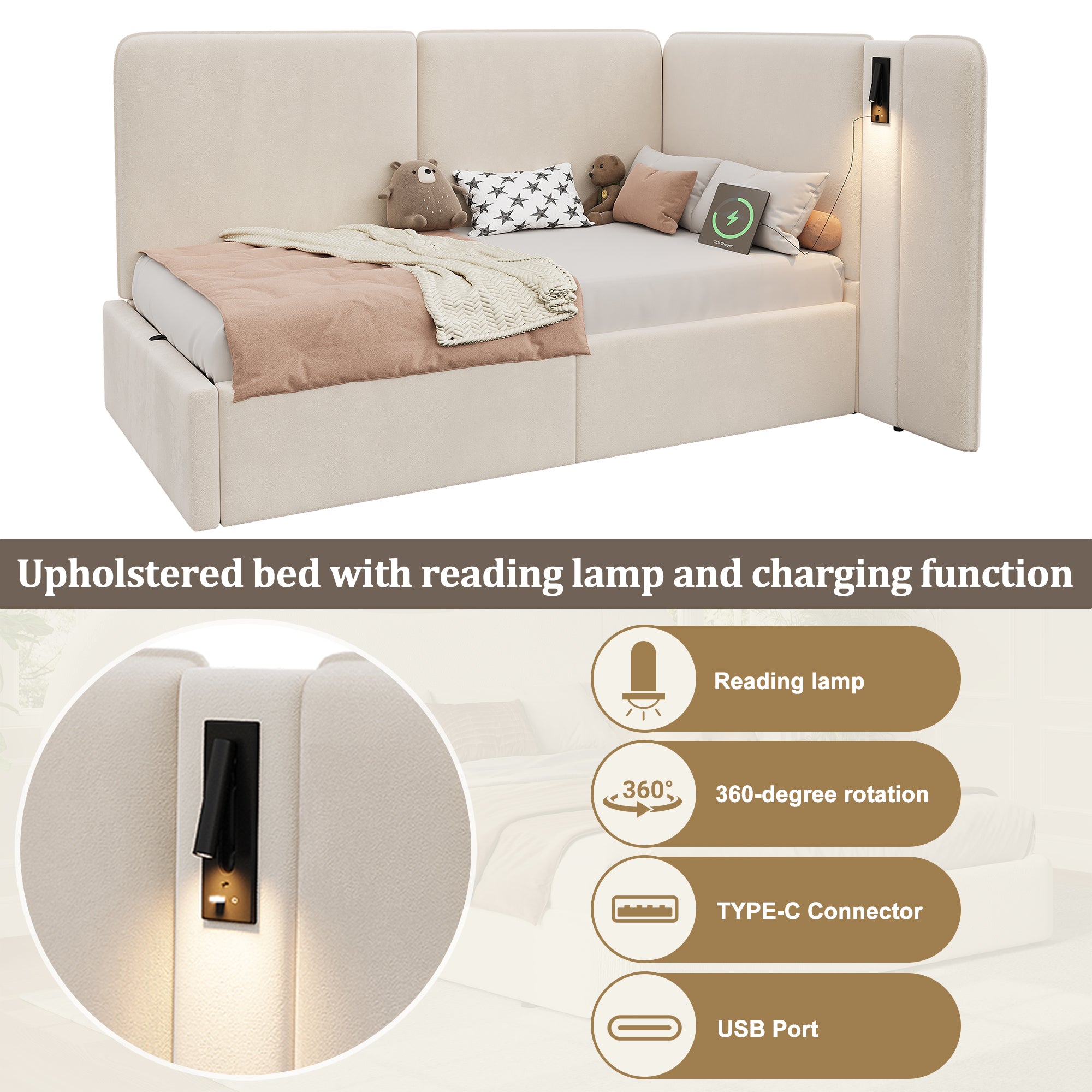 Daybed with Hydraulic Storage, USB Port and Reading Lamp, 90x200cm, Beige Velvet