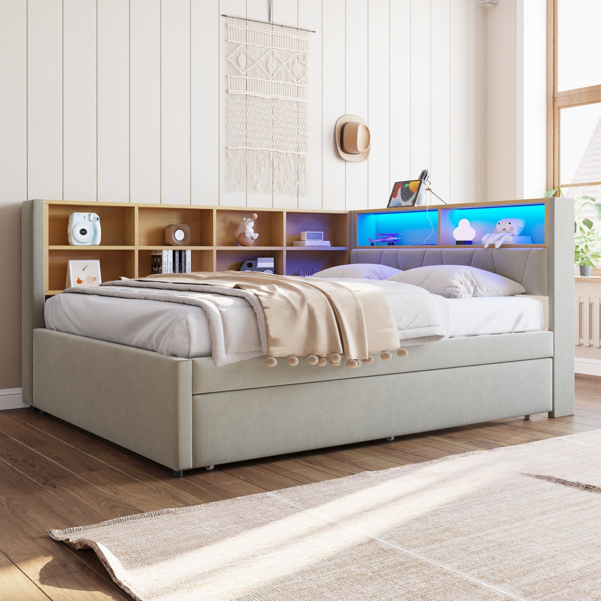 Sofa Bed 140x200, Pull-out Bed 90x190, LED Lights, Storage, Upholstered, Flannel, Light Gray