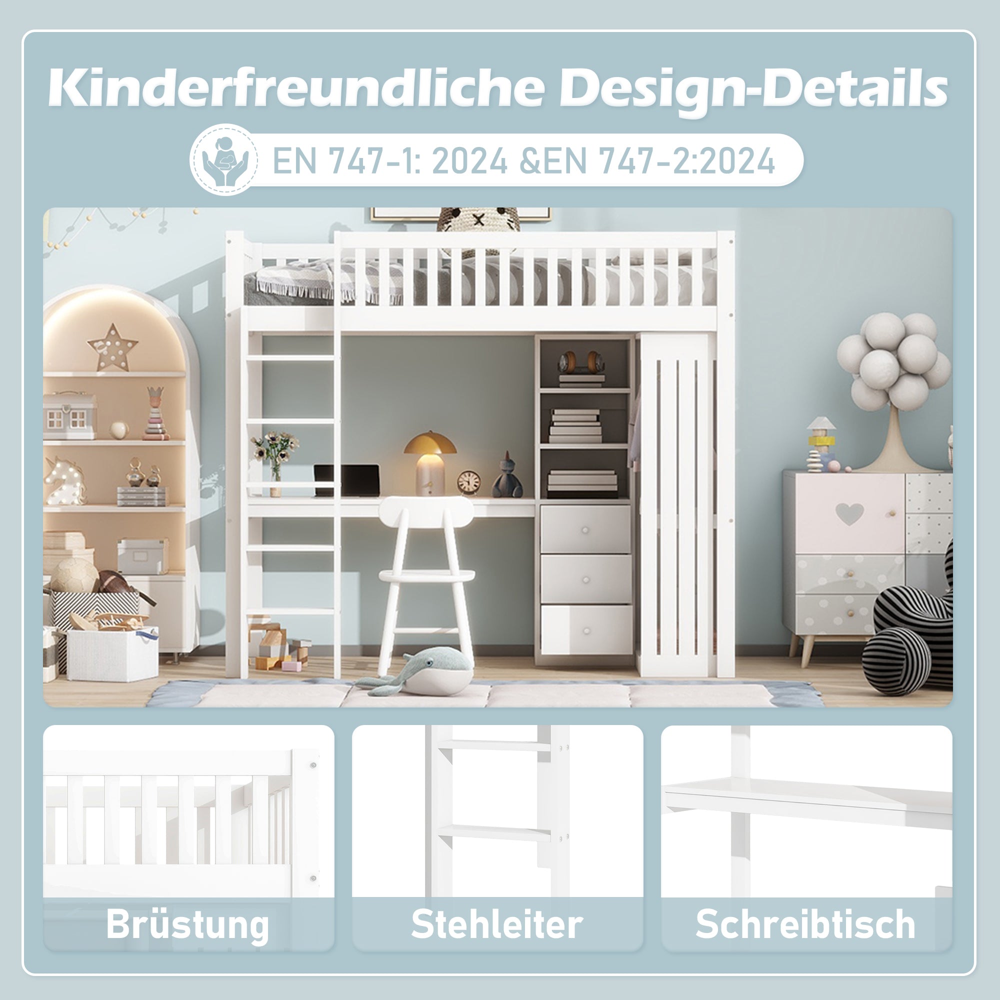 Loft Bed 90x200cm Desk Wardrobe 3 Drawers Stairs - White