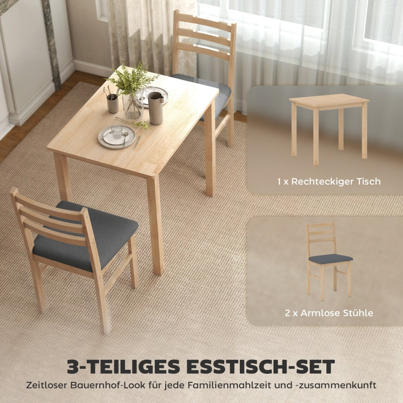 Dining Table Set, 3-Piece with 2 Upholstered Chairs, Space Saving MDF, Natural Wood