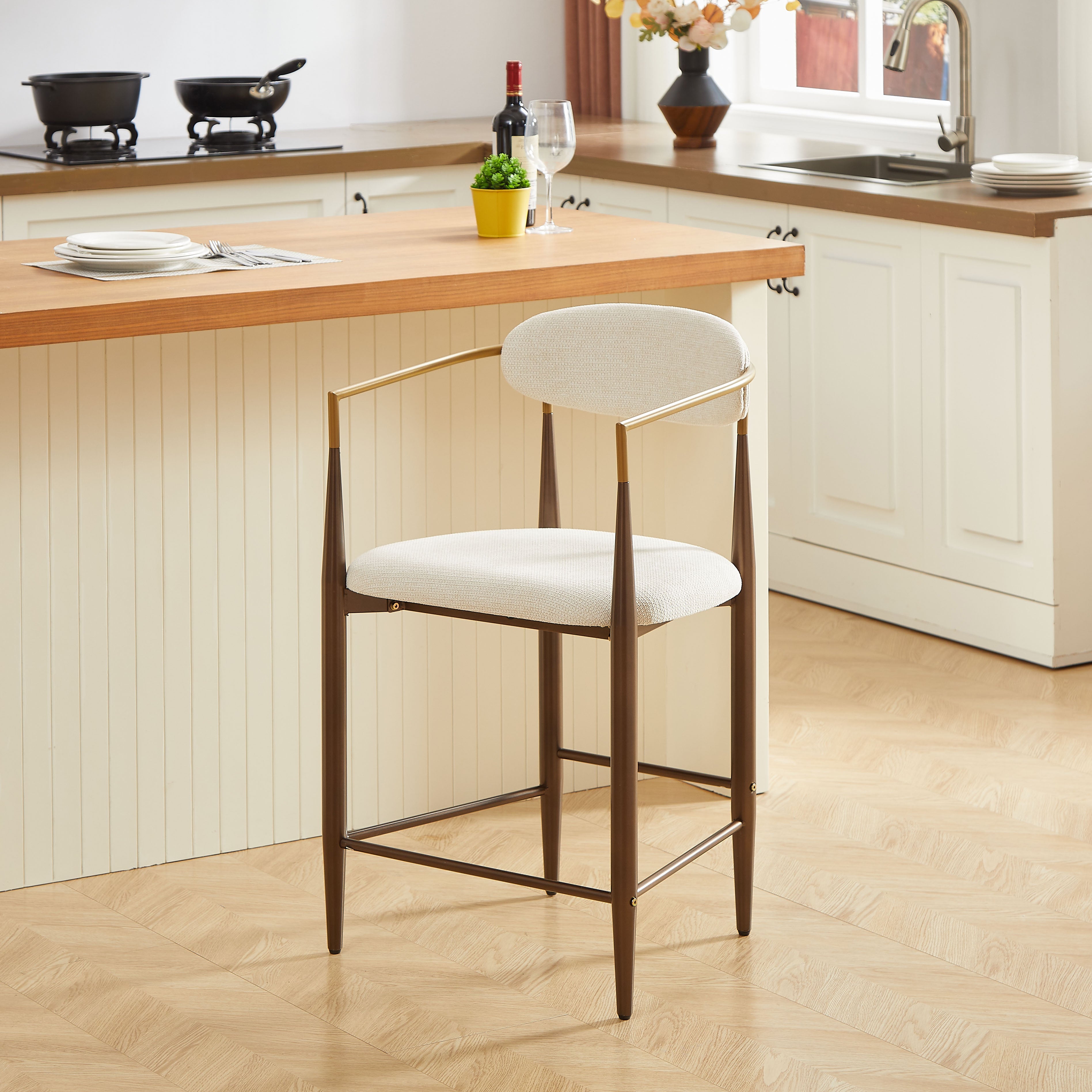 2 Bar Stools French Country Style Armrests - Cream Fabric