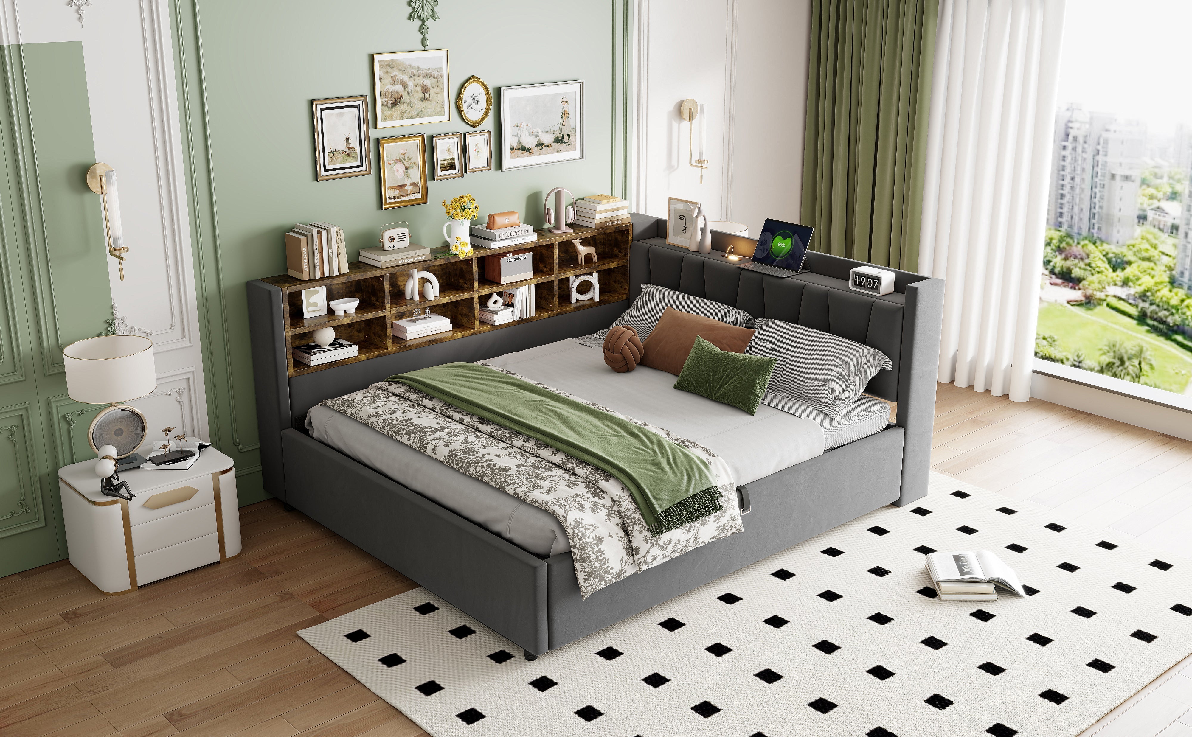 Upholstered Bed/Sofa Bed 140x200 Hydraulic Storage USB Night Light Velvet Dark Grey