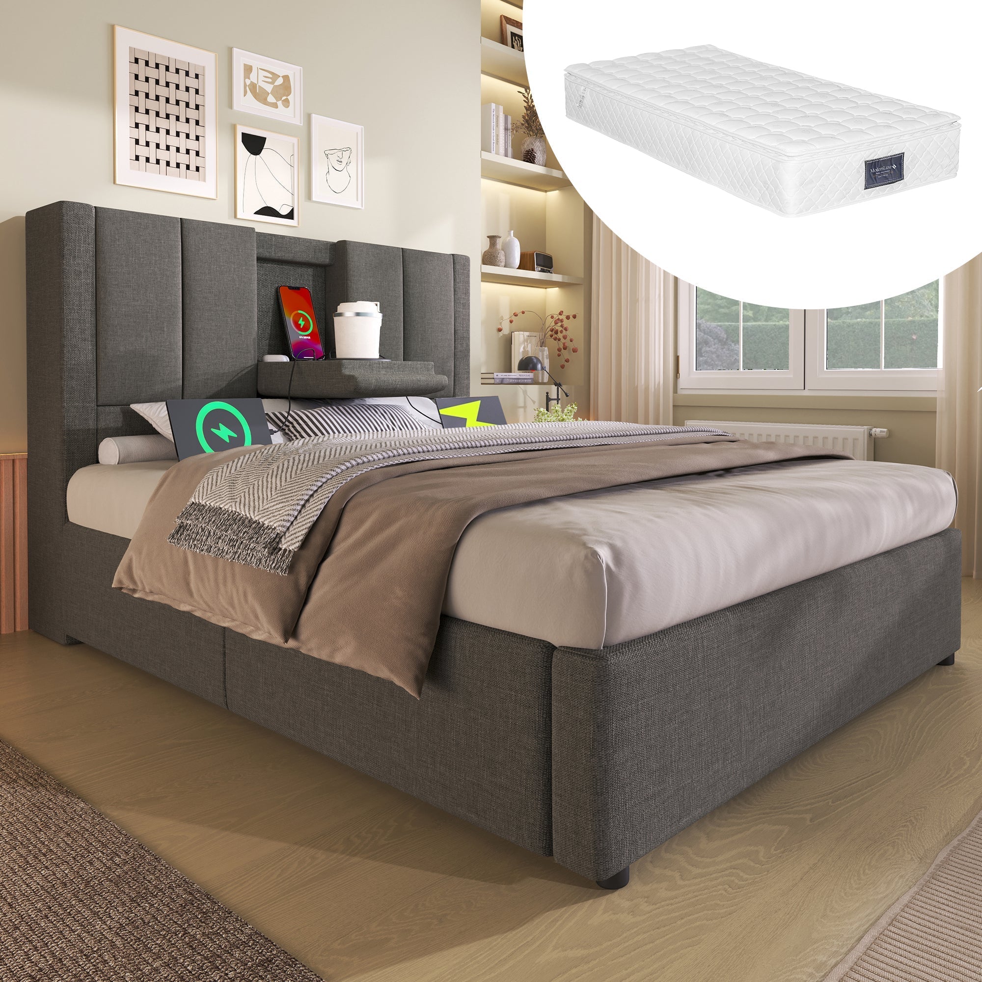 Upholstered Single Bed 90x200cm Hydraulic Storage Cup Holder Charging Station - Linen Grey (With Mattress)