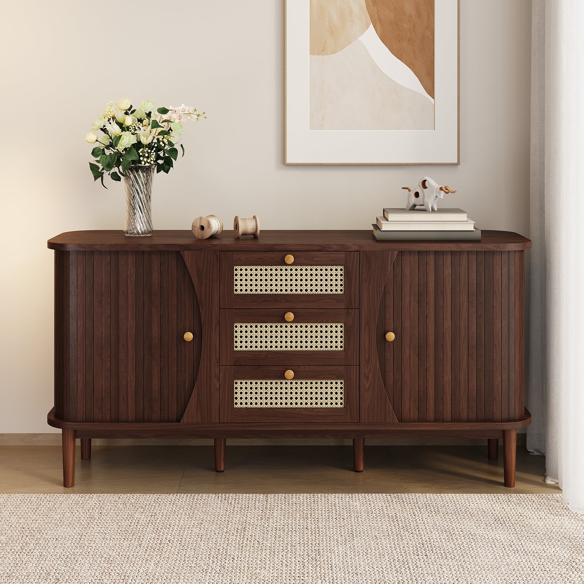Sideboard, Rattan Drawers with Sliding Doors & Adjustable Shelves, Wood Color