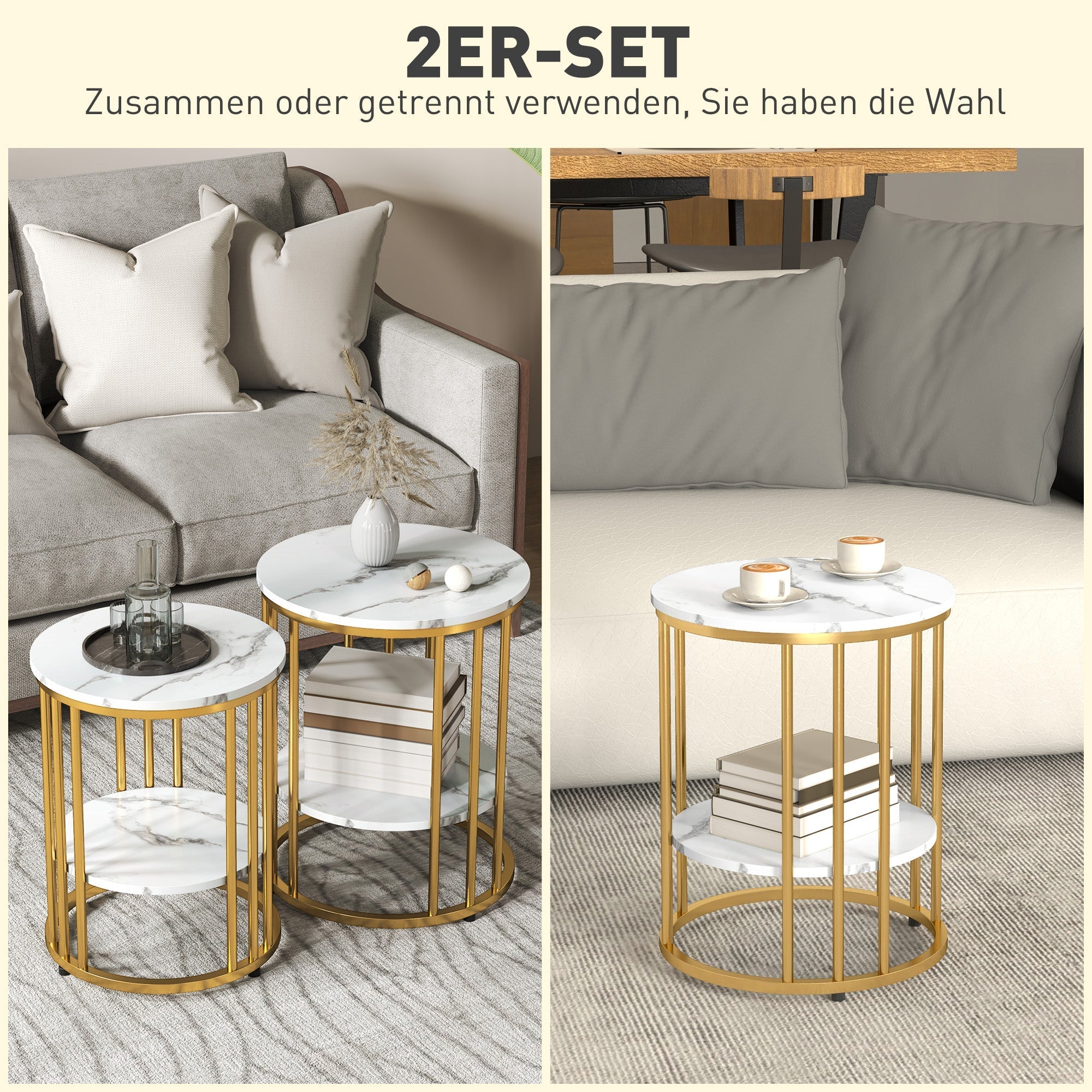 Round coffee table set of 2, side table with shelf, steel frame, white