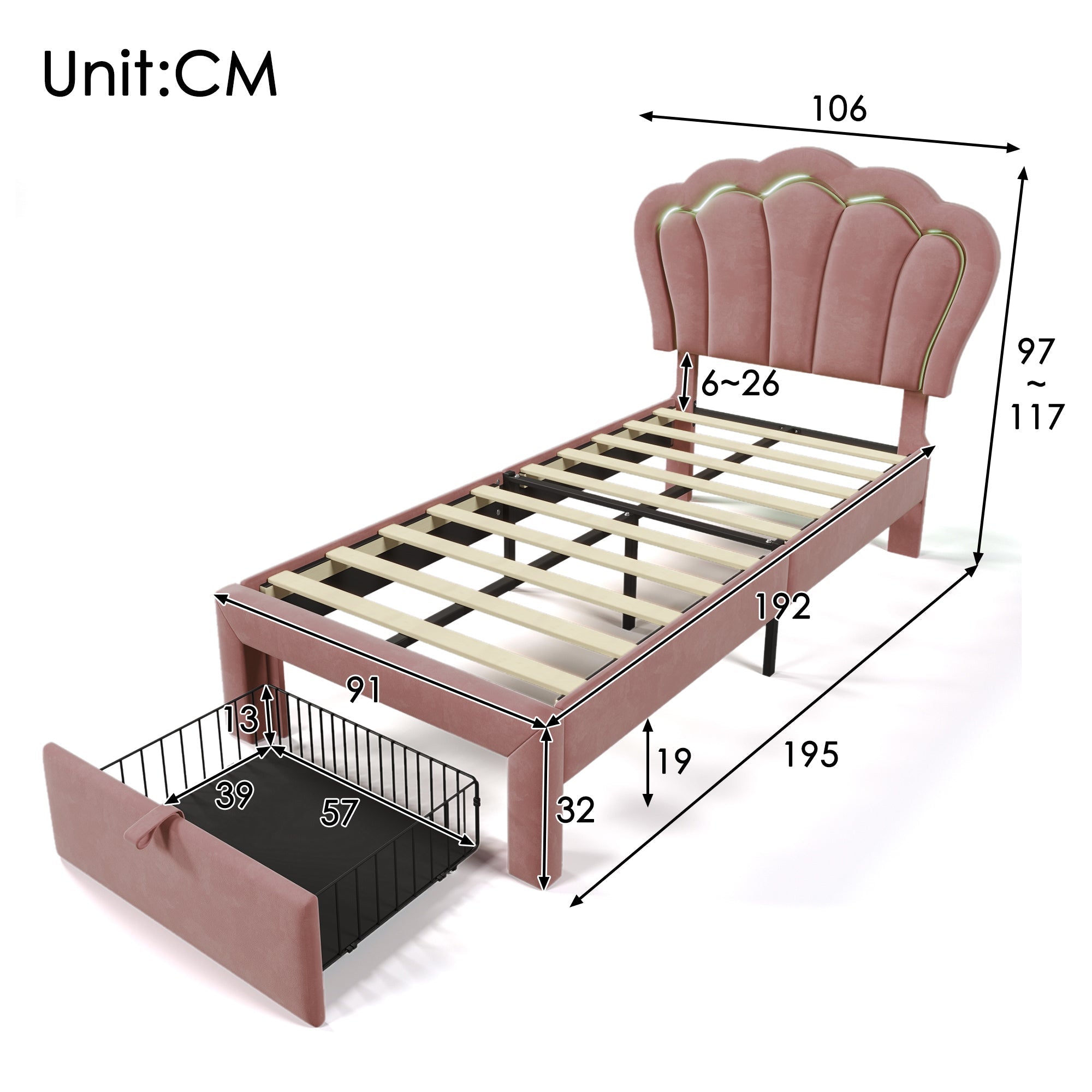 Children's Bed LED Single, 90 x 190 cm with Drawers, Adjustable Headboard, Velvet Pink