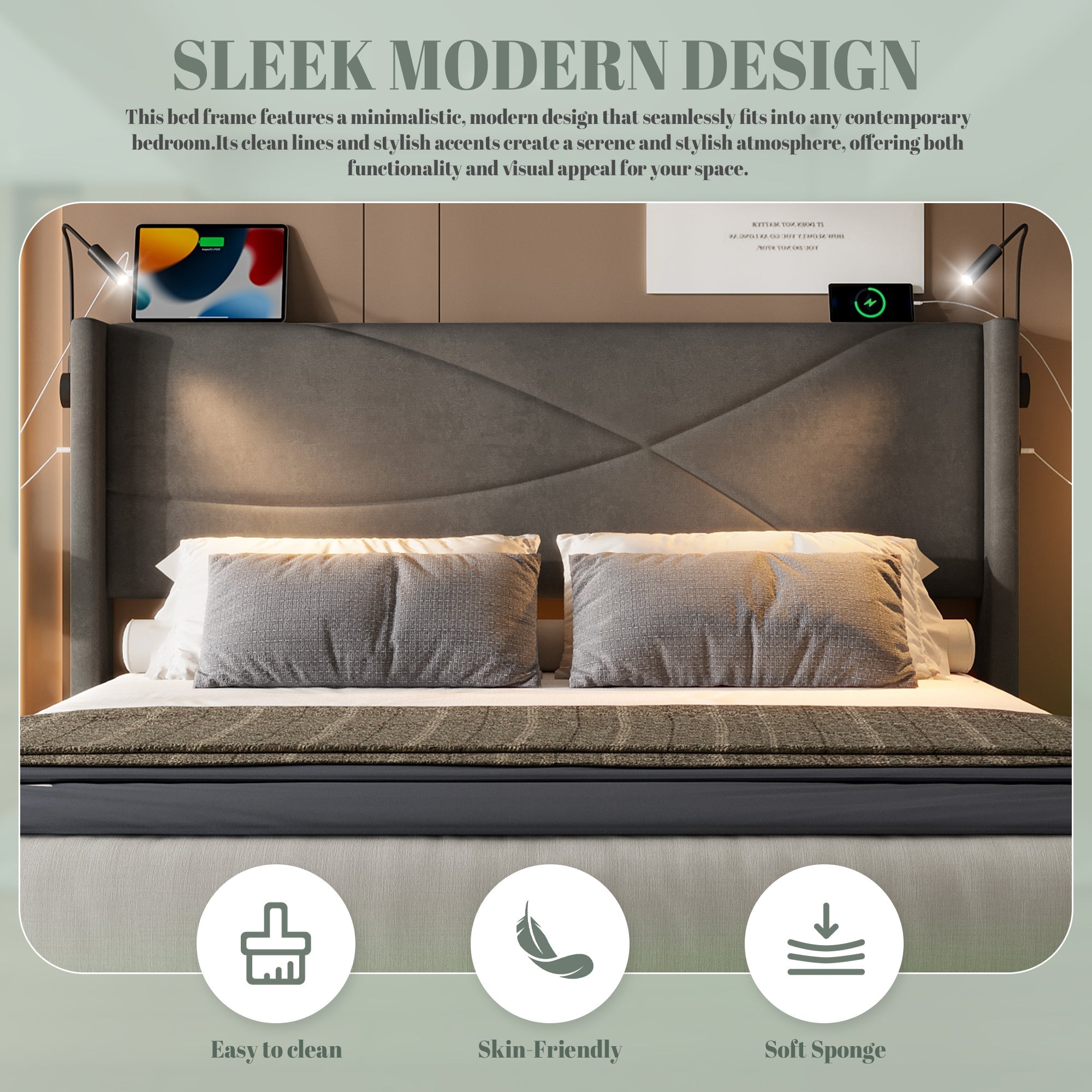 Modern Bed Frame, Reading Lamps, LED, Hydraulic Storage, USB/Type-C Ports, 150x200cm, Dark Gray