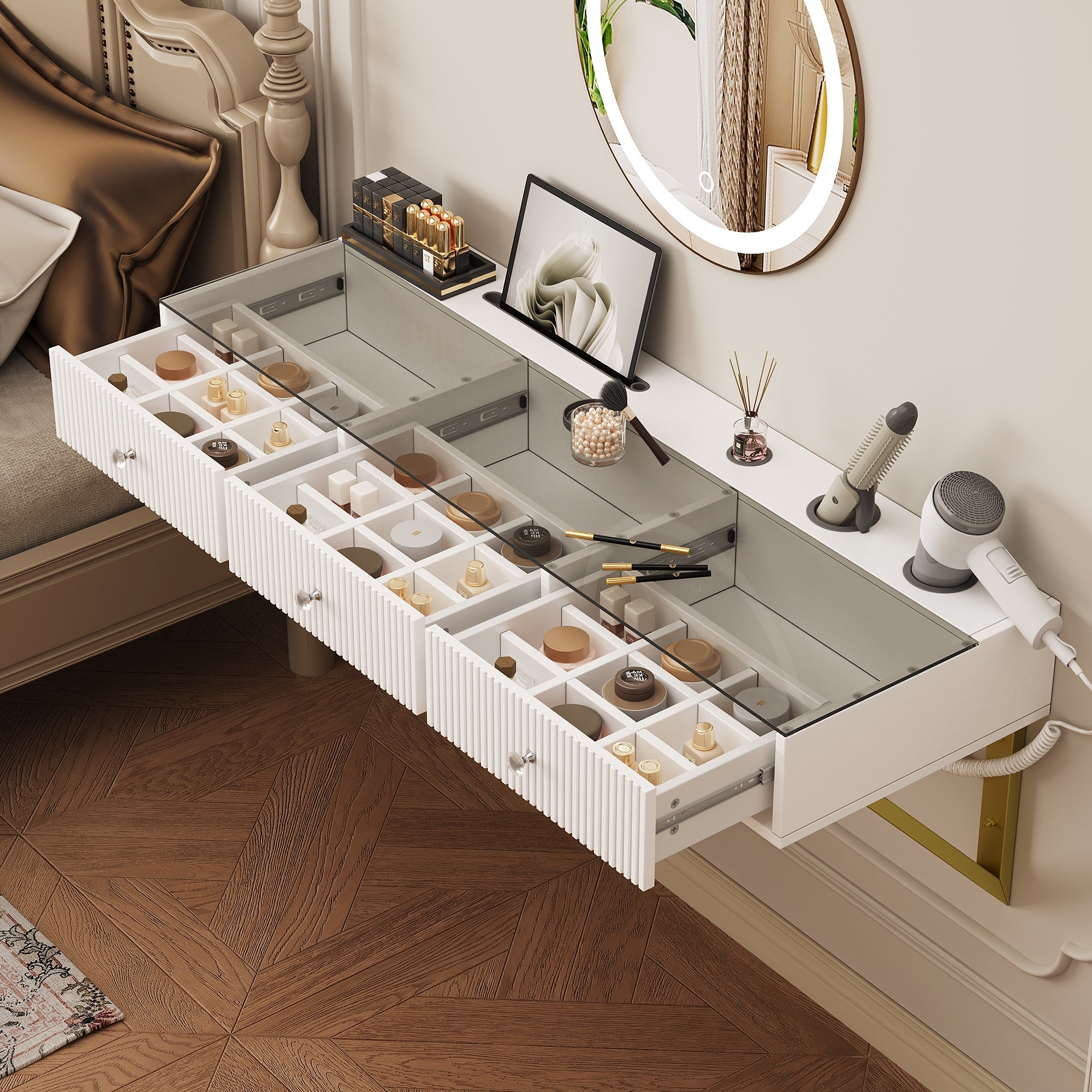 Wall-Mounted Vanity Table with 3 Drawers, Glass Top, Tablet and Cup Holder, White
